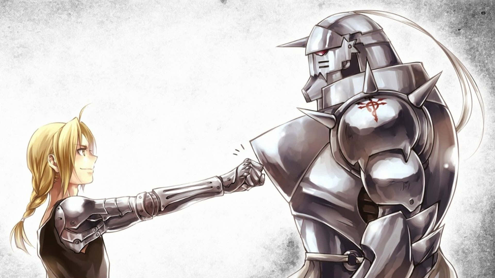 鋼之鍊金術師 BROTHERHOOD 桌布 壁紙 — 一個金髮動漫少女穿著部分盔甲，與一個帶有紅色十字徽章的銀色盔甲騎士碰拳。