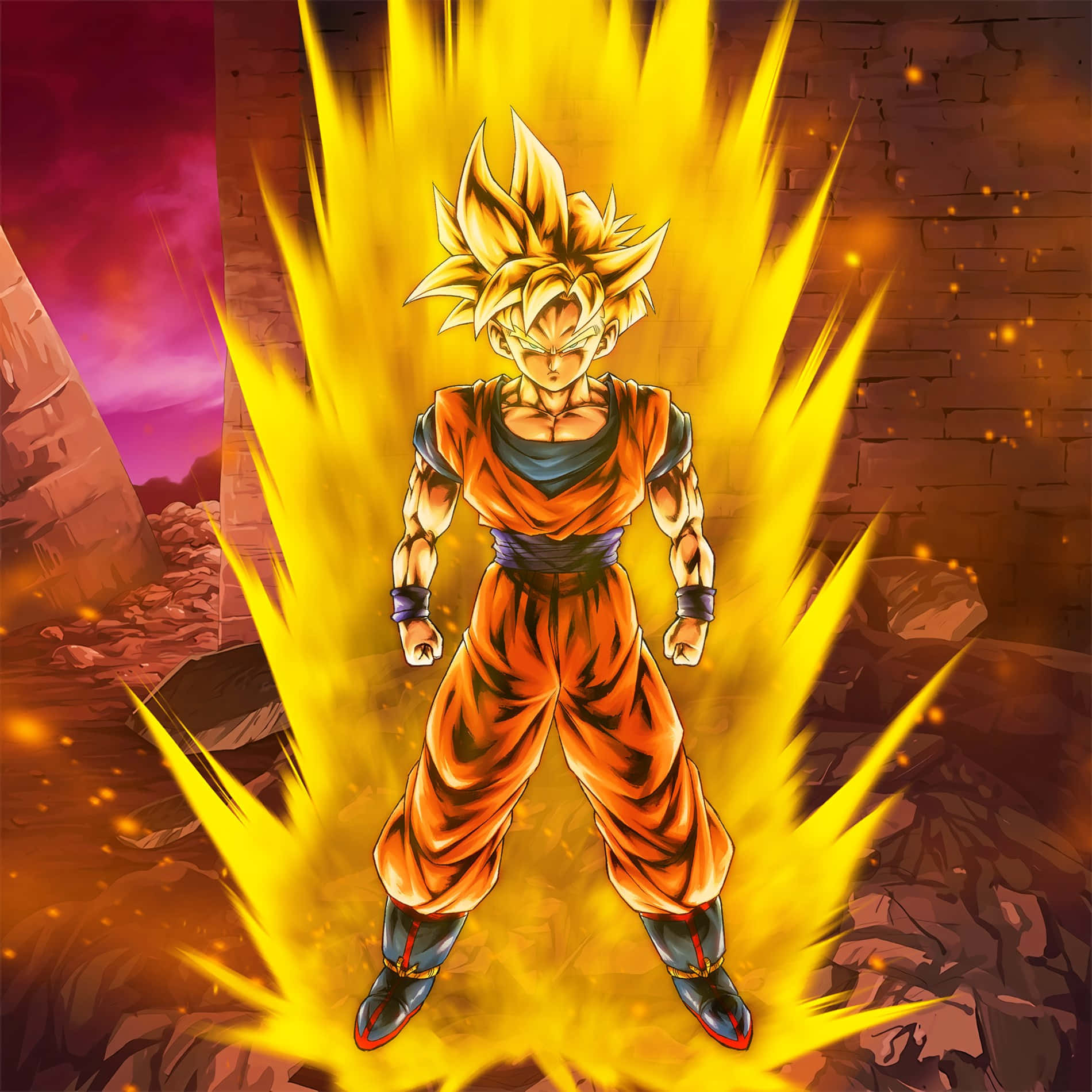 Teen Gohan 桌布 壁紙 — 一個金髮動漫戰士穿著橙色道服，在紫色天空下的岩石廢墟背景中散發出強烈的黃色能量。