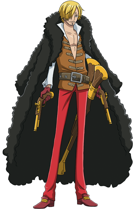 Sanji 桌布 壁紙 — 一個金髮動漫海盜，穿著黑色毛皮大衣、紅色褲子，手持兩把手槍，自信地站在純色背景前。