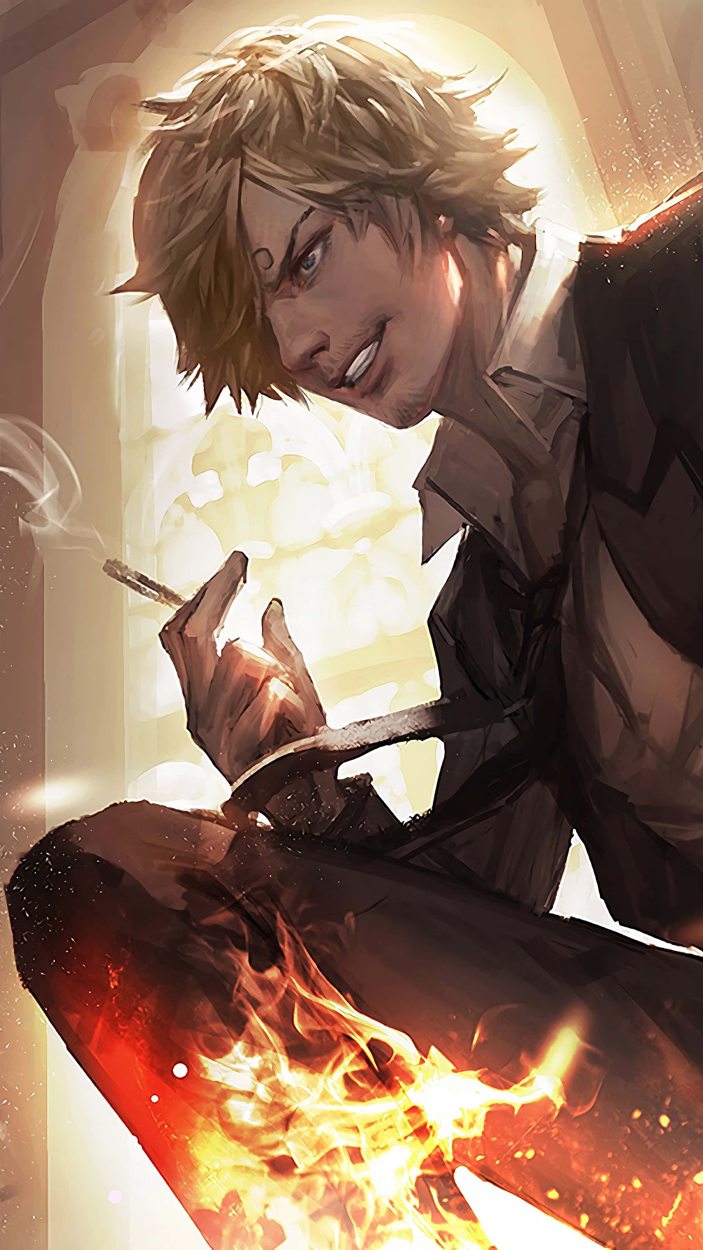 Sanji 桌布 壁紙 — 一個金髮動漫男人在發光的背景下抽煙，同時火焰從他的腿噴出。