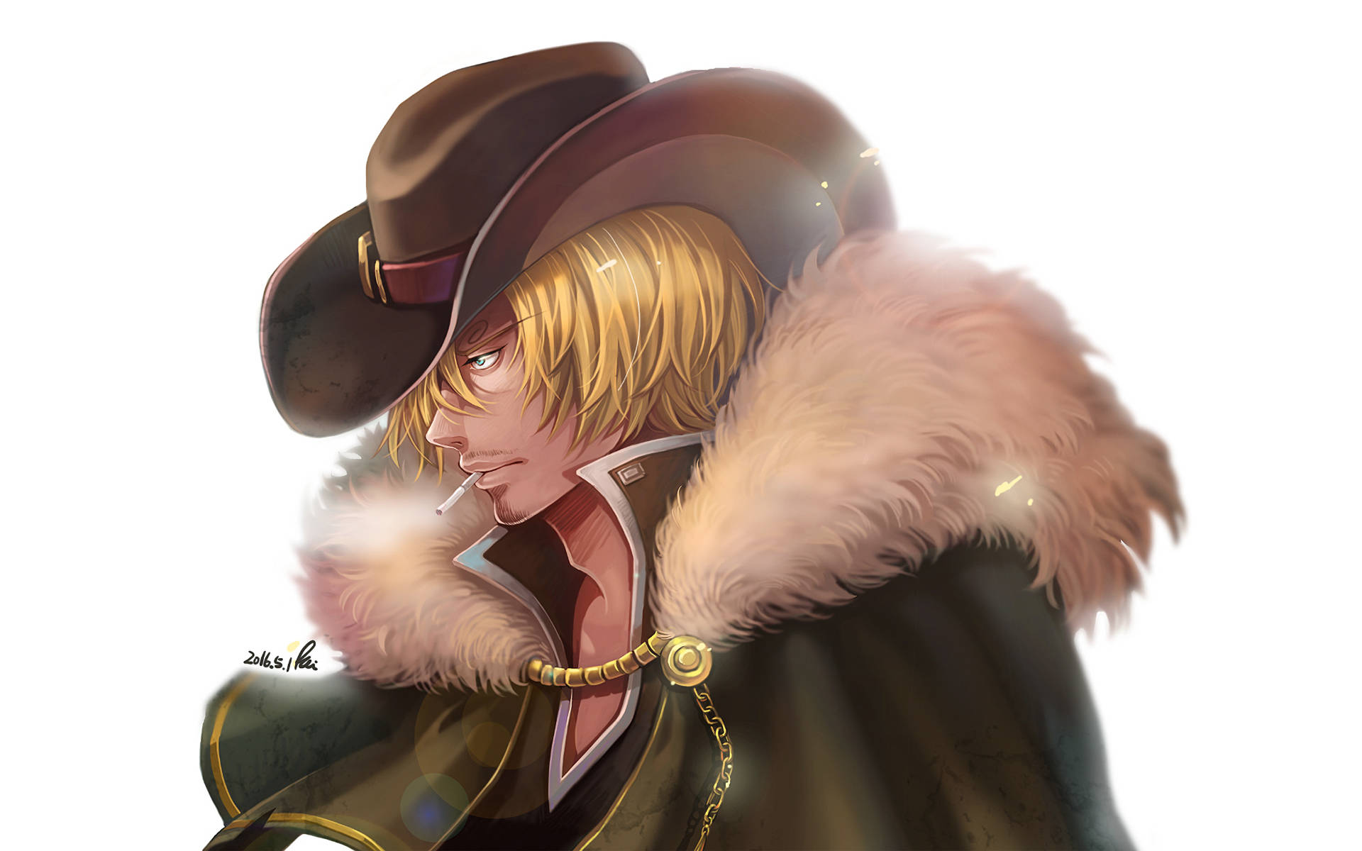 Sanji 桌布 壁紙 — 一個金髮動漫男人戴著棕色帽子和毛皮襯裡大衣，在明亮的白色背景前抽煙。