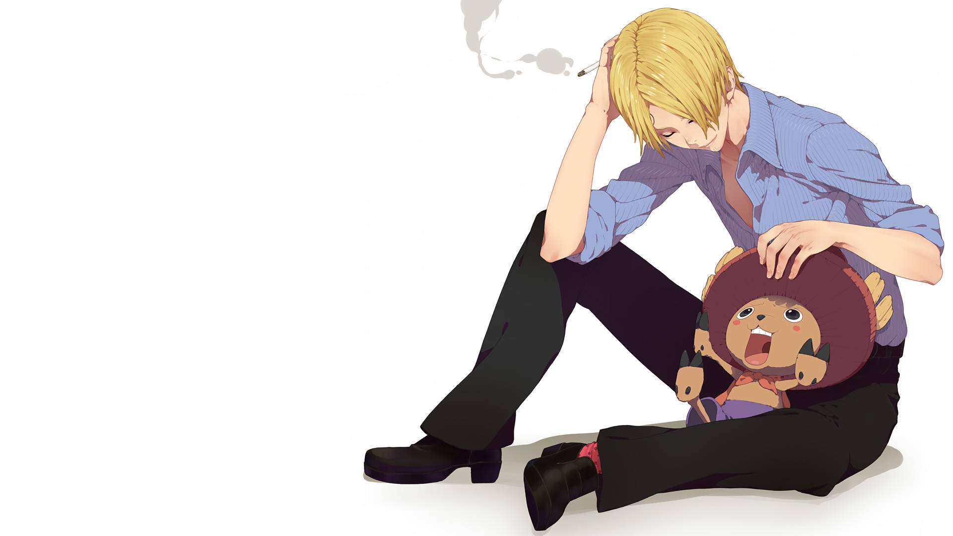 Sanji 桌布 壁紙 — 一個金髮動漫男人穿著藍色襯衫坐在地上，抱著一隻驚訝的猴子狀生物，同時抽著煙。