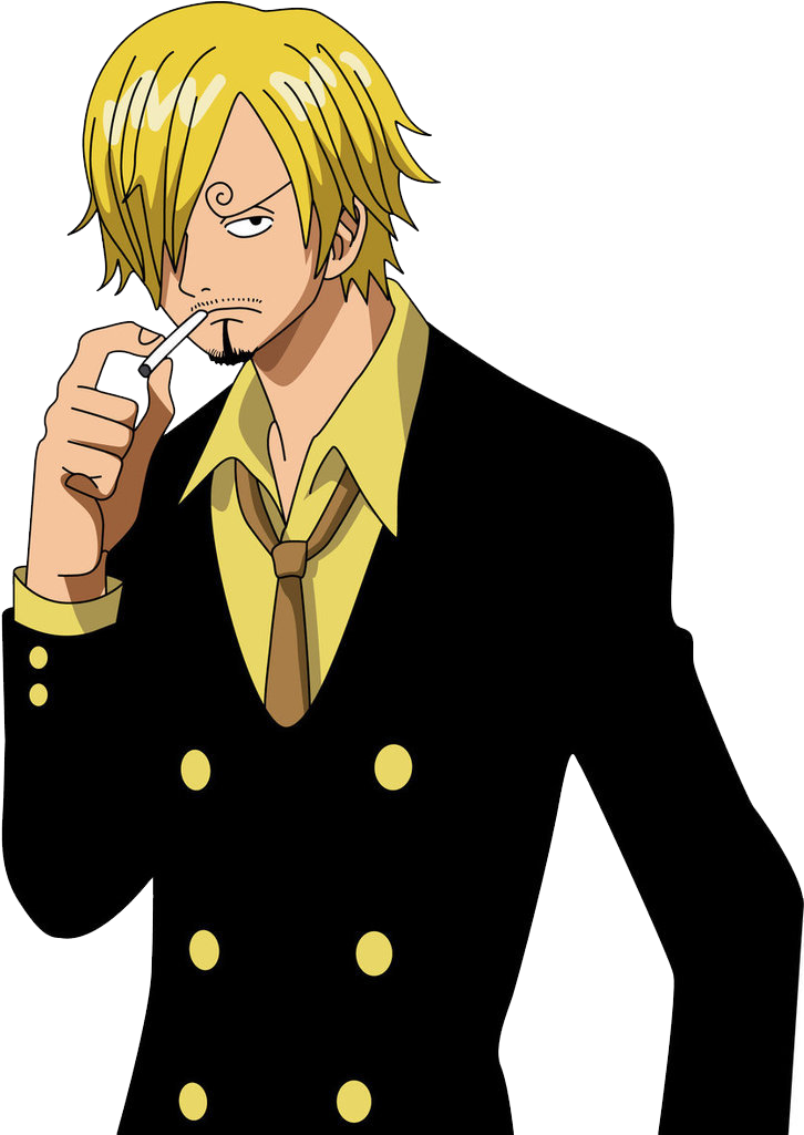 Sanji 桌布 壁紙 — 一個金髮動漫男人穿著黑色雙排扣外套，黃色鈕扣，在黑色背景下抽煙。