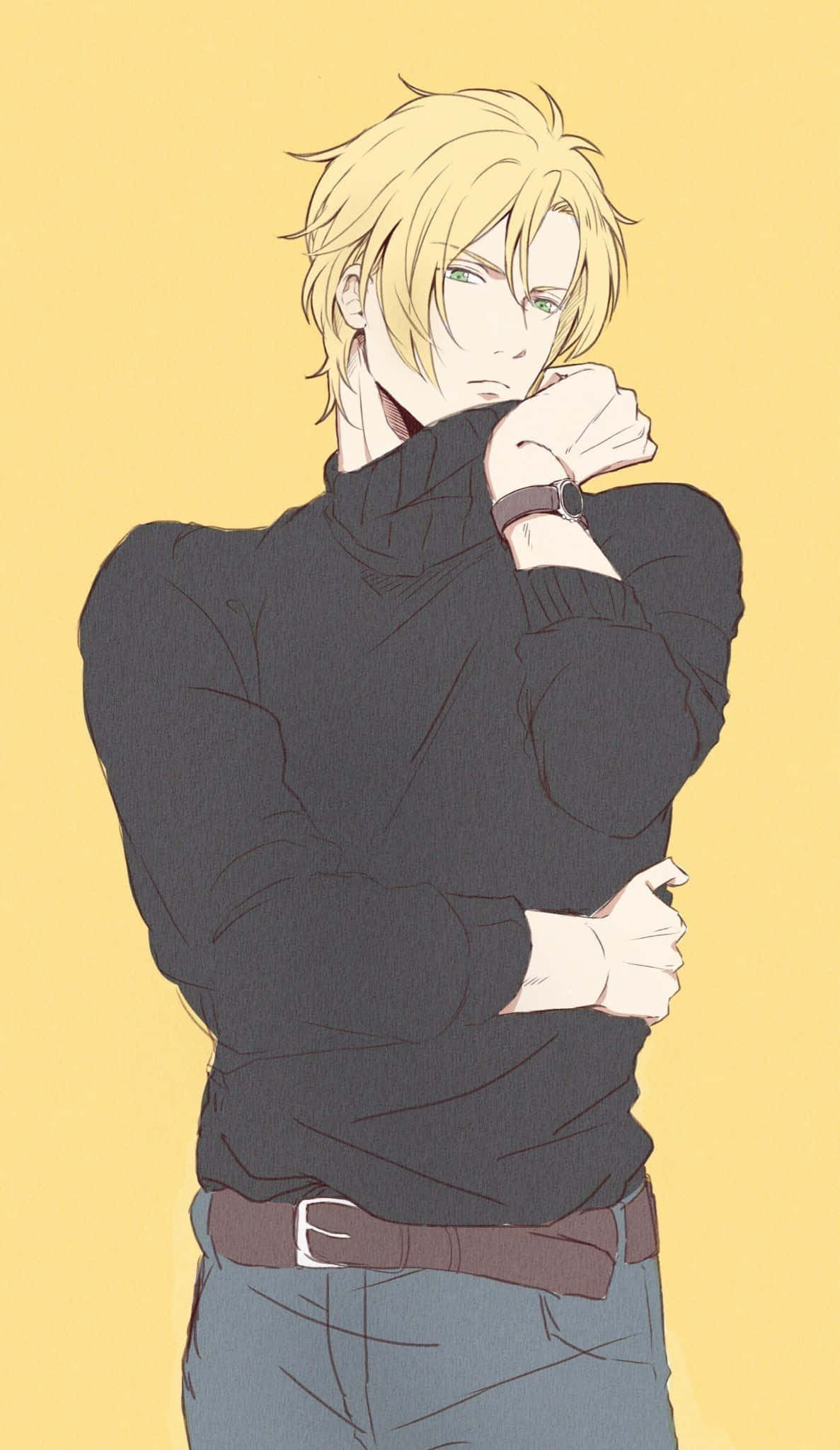 Banana Fish 桌布 壁紙 — 一個金髮動漫男人穿著黑色高領毛衣和牛仔褲，站在純黃色背景前，表情沉思。