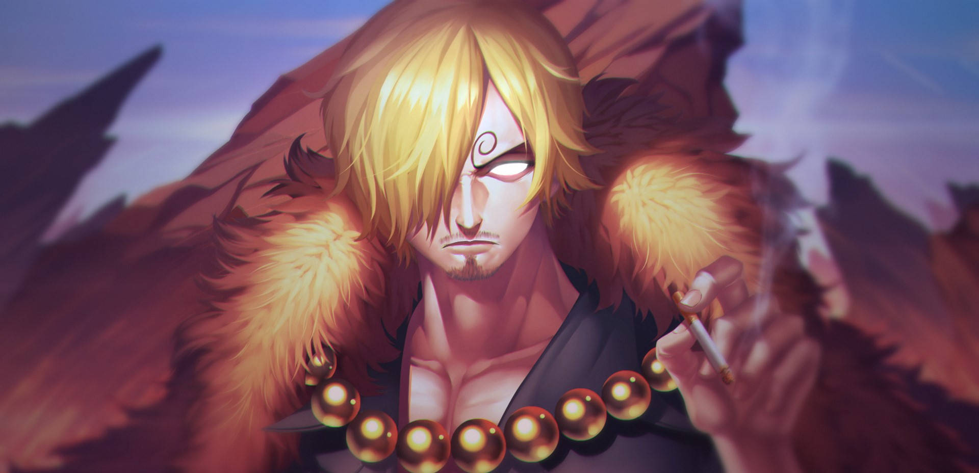 Sanji 桌布 壁紙 — 一個金髮動漫男子，帶有螺旋眼標記，穿著毛領外套，在紫色天空下抽煙。