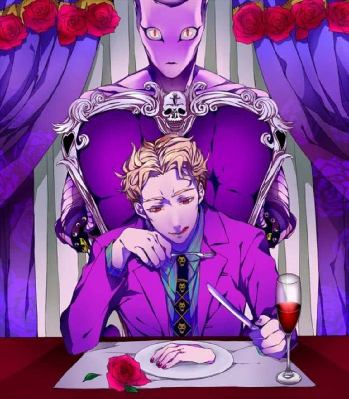 Kira Yoshikage 桌布 壁紙 — 一個金髮動漫男子穿著紫色西裝，坐在有玫瑰和酒杯的桌子旁，身後有一個發著光的眼睛的紫色外星人聳立著。