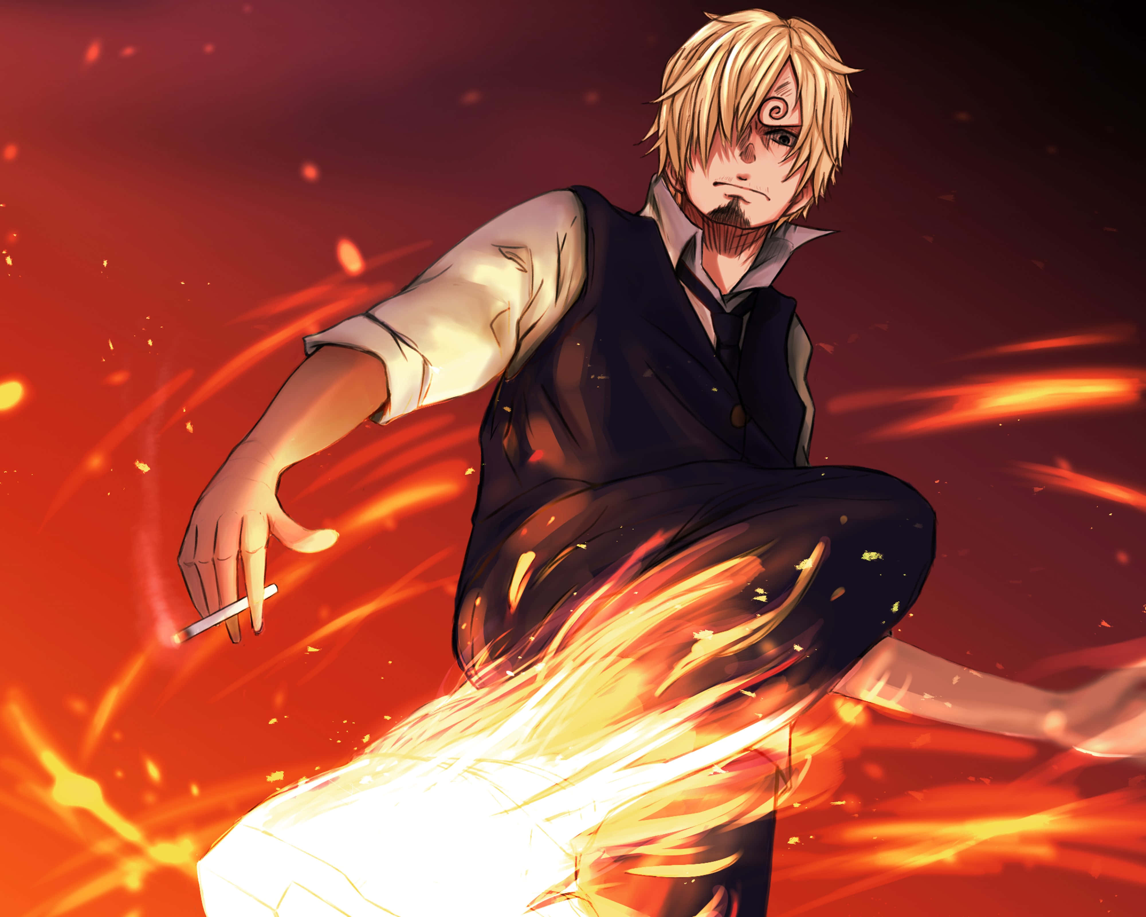 Sanji 桌布 壁紙 — 一個金髮動漫男子穿著背心，在熾熱的橙色火花中蹲下，背景是發光的紅色。