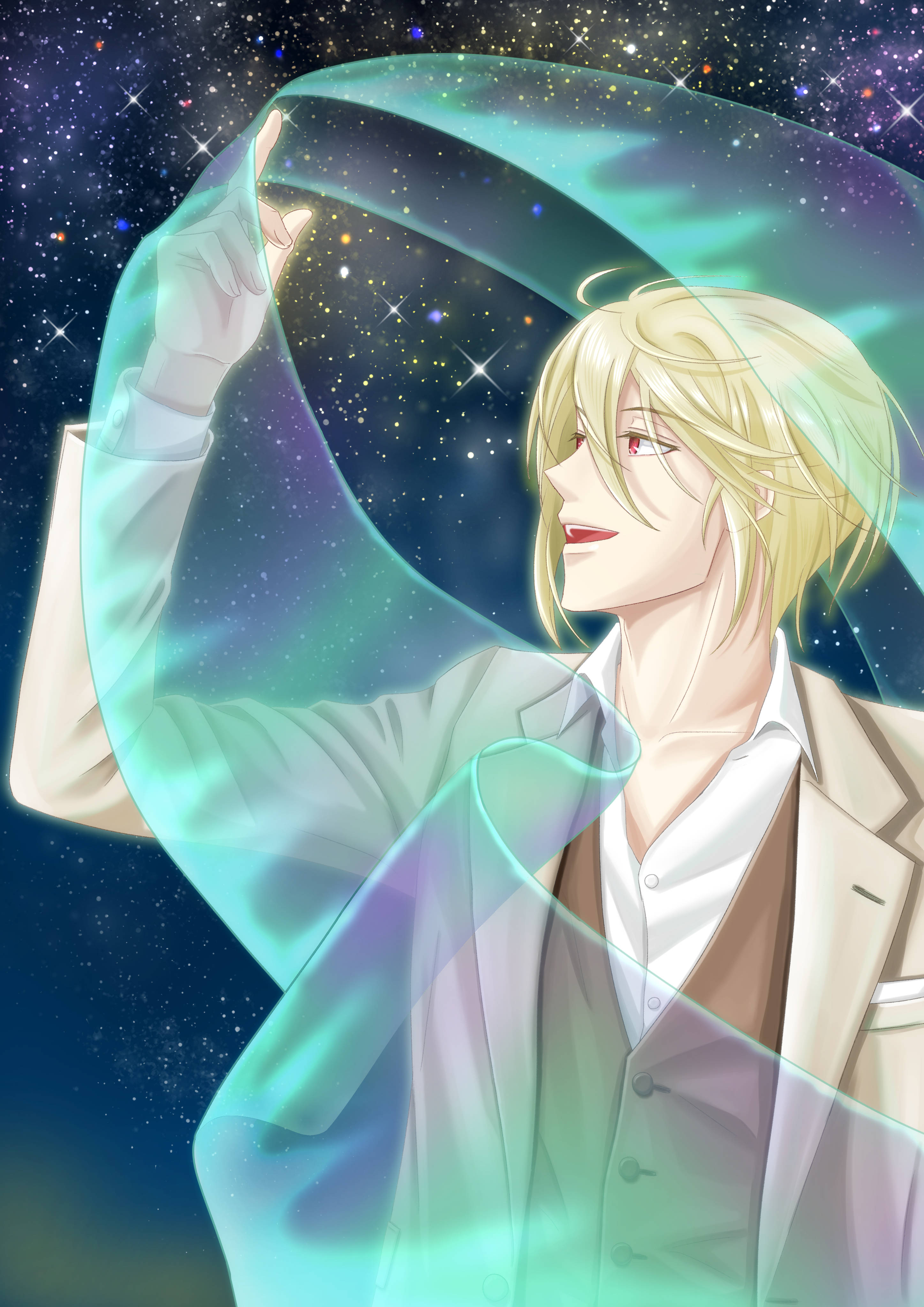 Patriot 桌布 壁紙 — 一個金髮動漫男子穿著西裝，在繁星點點的夜空下輕輕握著一條發光的宇宙絲帶。