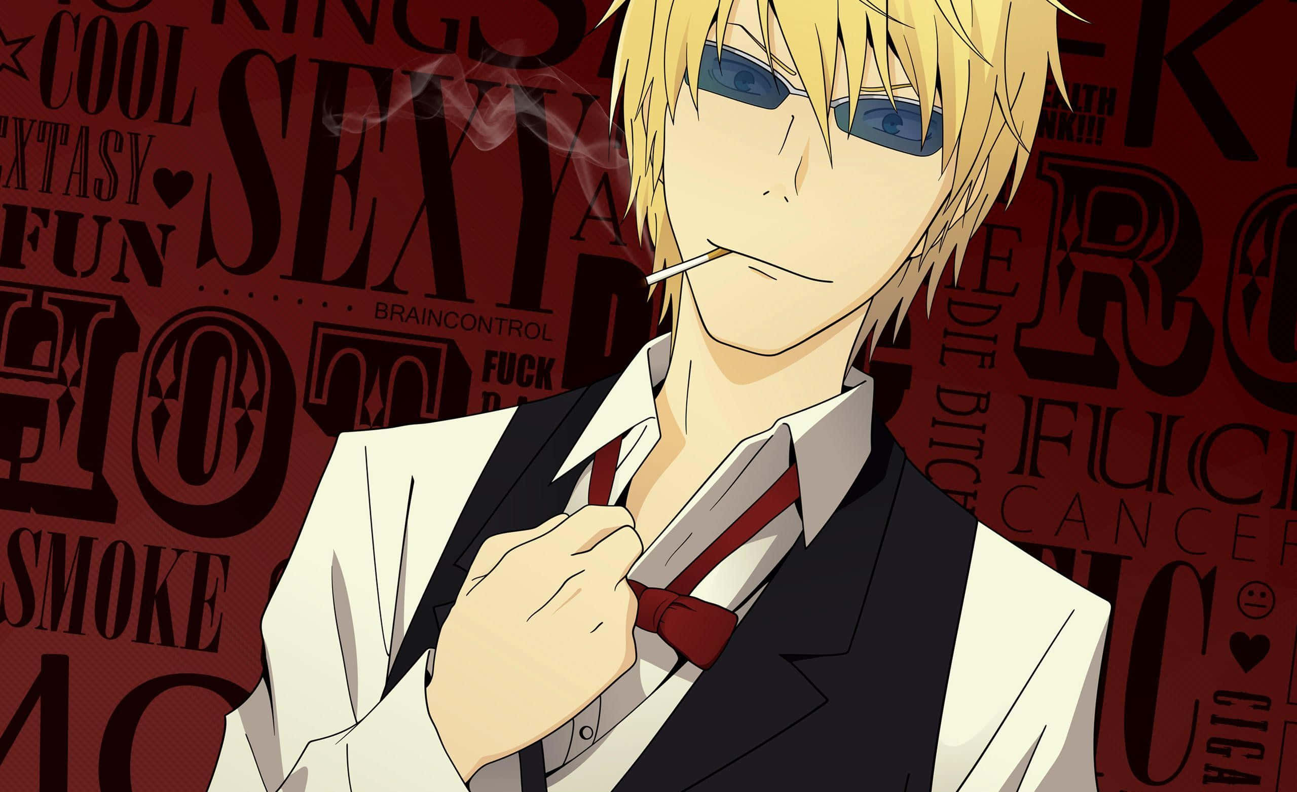 Shizuo Heiwajima 桌布 壁紙 — 一個金髮動漫男子穿著西裝，靠著一面覆蓋著大膽挑釁文字的紅牆抽煙。