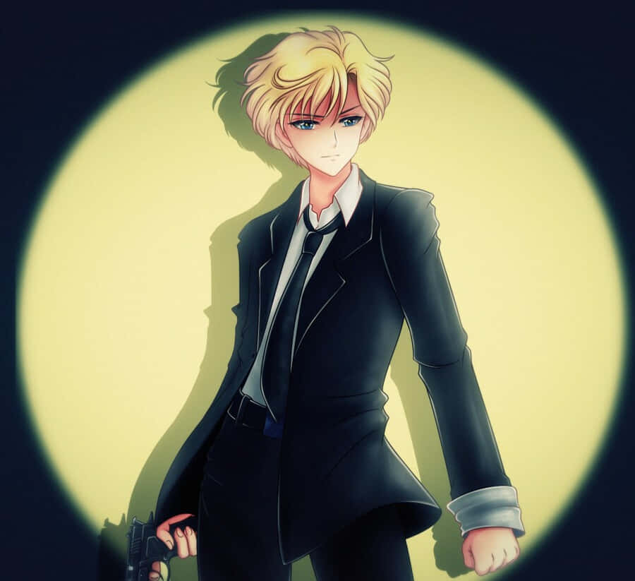 Sailor Uranus 桌布 壁紙 — 一個金髮動漫男子穿著黑色西裝，在聚光燈下持槍，背景為深色。