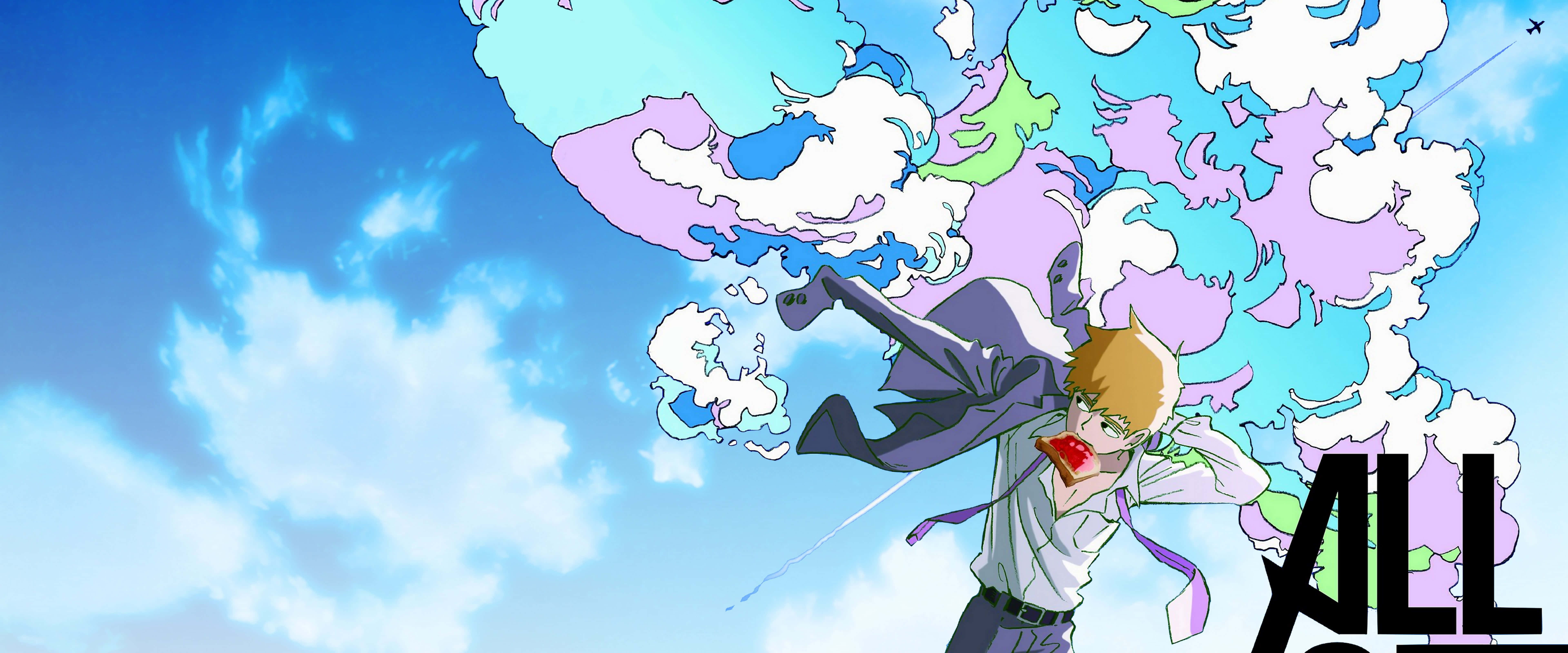 動漫 桌布 壁紙 — 一個金髮動漫男孩，穿著白襯衫和紫色外套，跳過充滿活力的天空，周圍環繞著旋轉的粉彩雲，手持一個紅蘋果。
