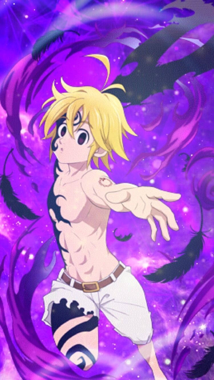 Meliodas 桌布 壁紙 — 一個金髮動漫男孩，身上有黑色標記，在旋轉的紫色宇宙背景中伸出手，周圍漂浮著羽毛。