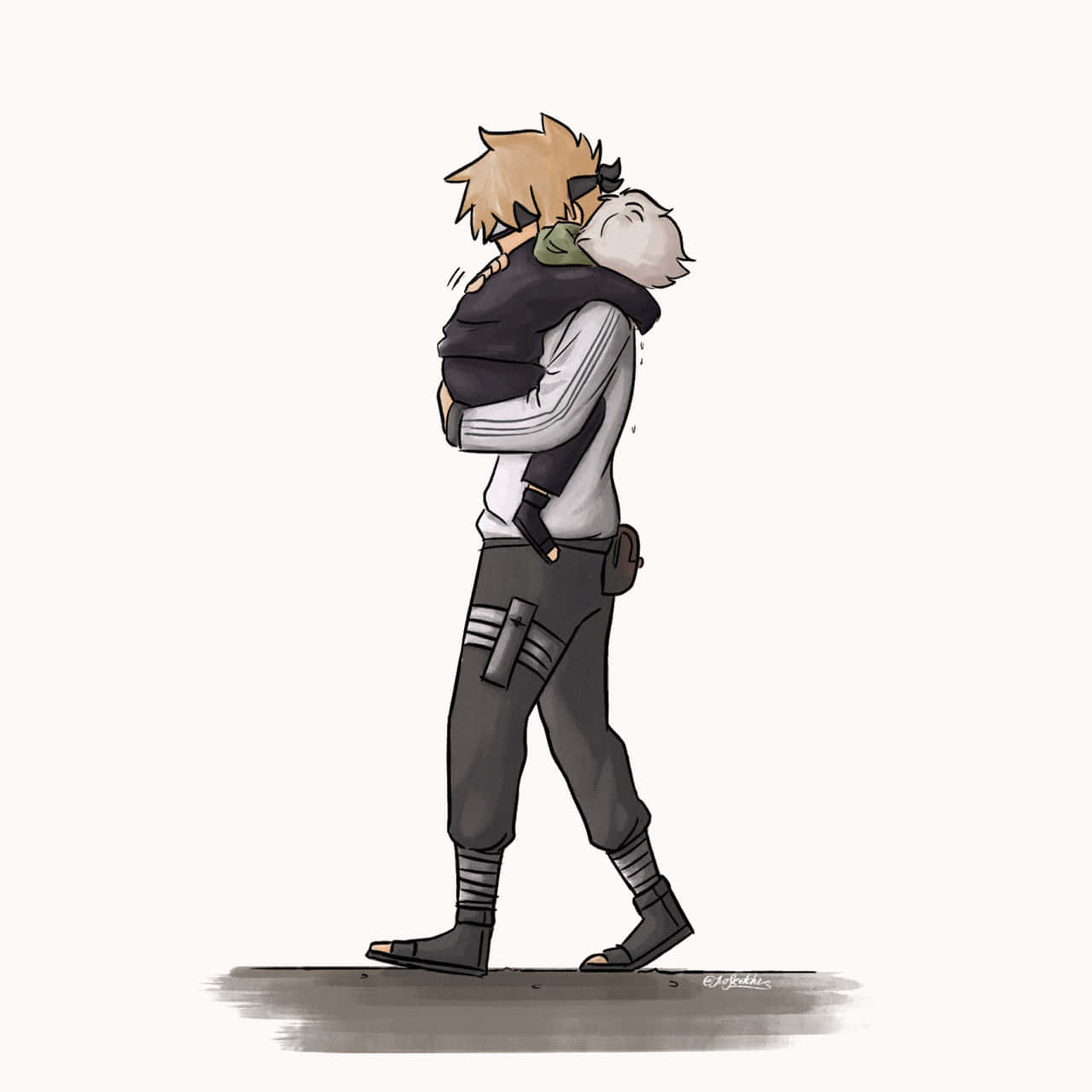 Kakashi And Minato 桌布 壁紙 — 一個金髮動漫男孩在純色背景中溫柔地抱著一個睡著的白髮小孩。