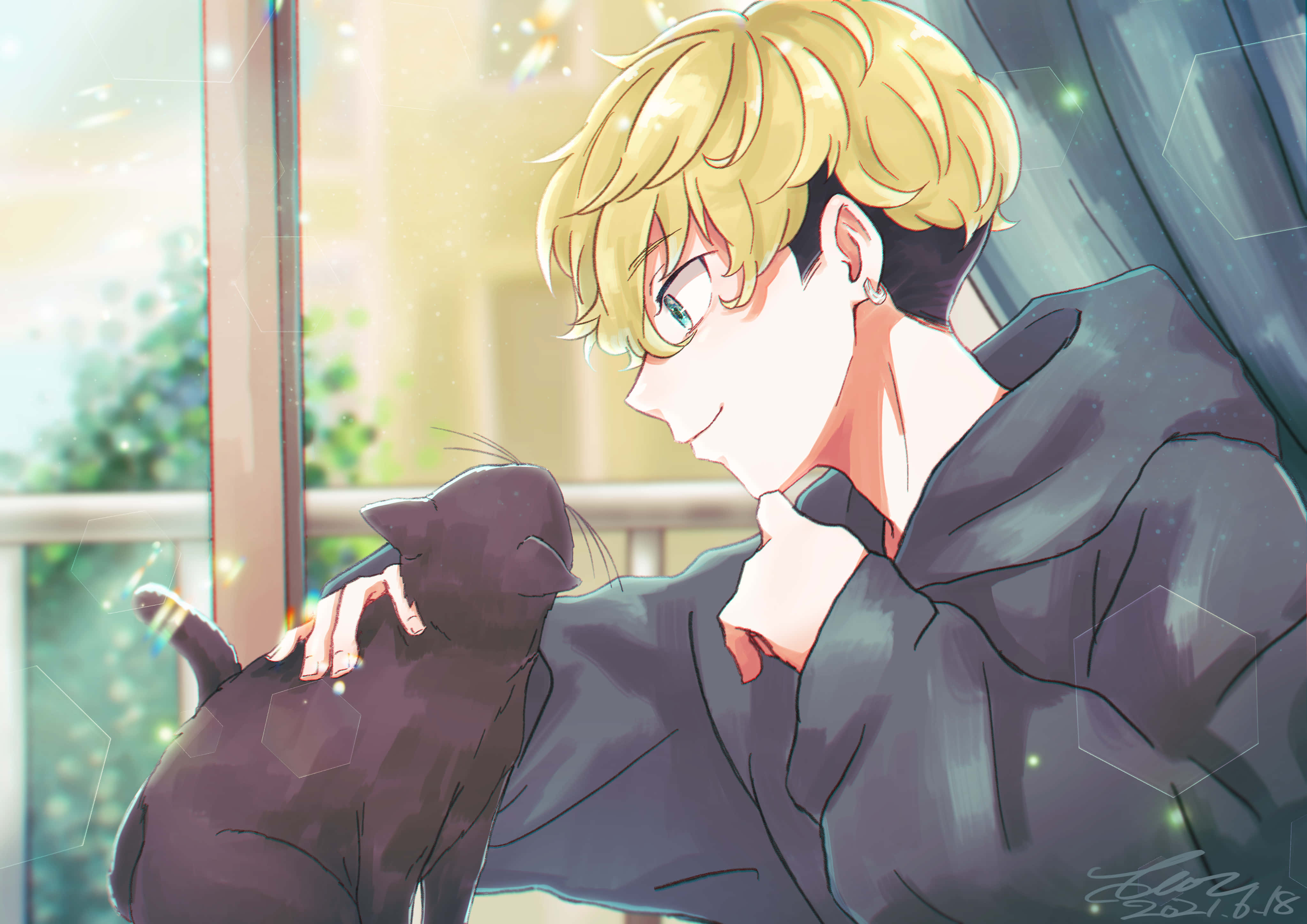 chifuyu matsuno 桌布 壁紙 — 一個金髮動漫男孩在陽光普照的窗邊輕撫一隻黑貓，帶有閃爍的光效。
