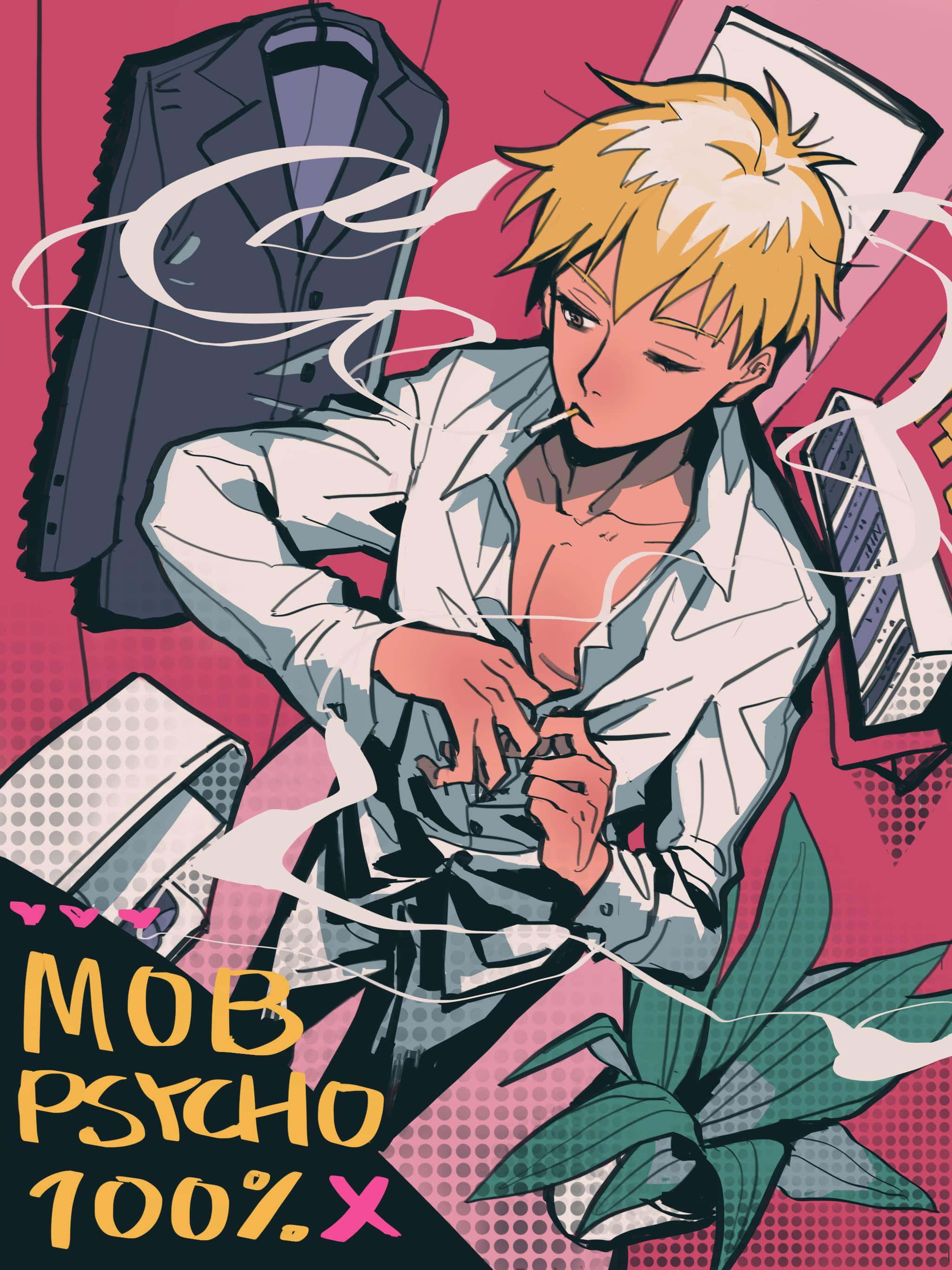 Arataka Reigen 桌布 壁紙 — 一個金髮動漫男孩在鮮豔的粉紅色背景上，一邊解開襯衫鈕扣一邊吸煙，背景有漂浮的西裝和植物元素。