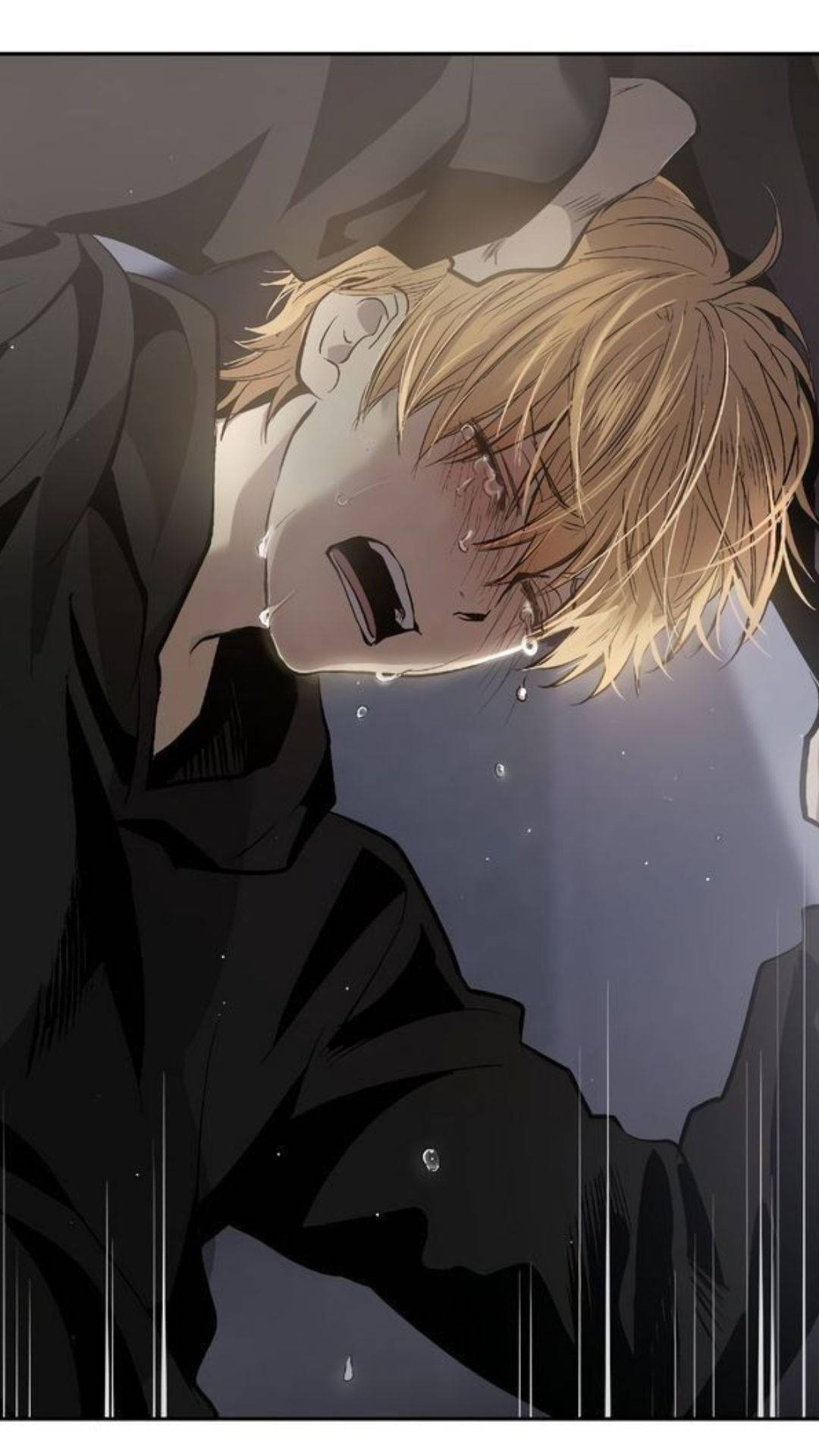 桌布 壁紙 — 一個金髮動漫男孩在黑暗憂鬱的場景中，雨水灑落在他周圍，他淚流滿面地痛哭。
