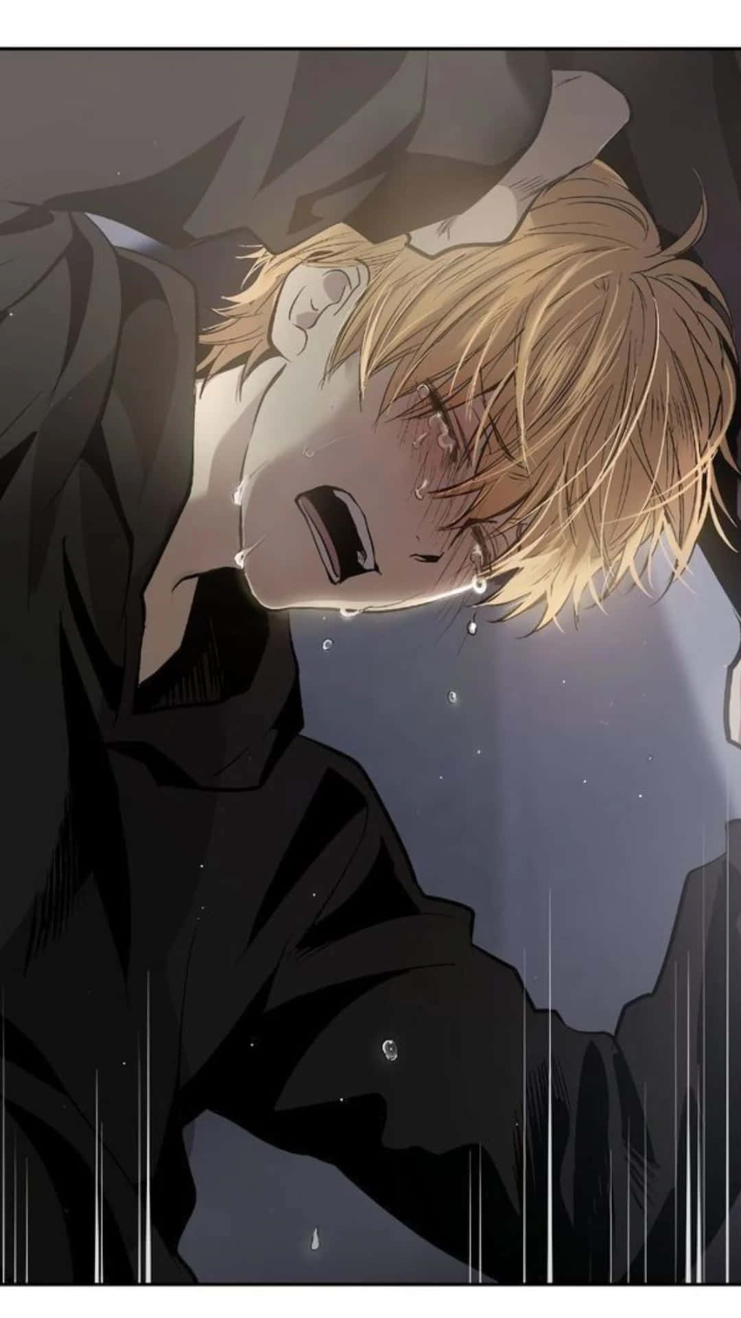桌布 壁紙 — 一個金髮動漫男孩在黑暗的雨景背景下，淚流滿面地痛哭。