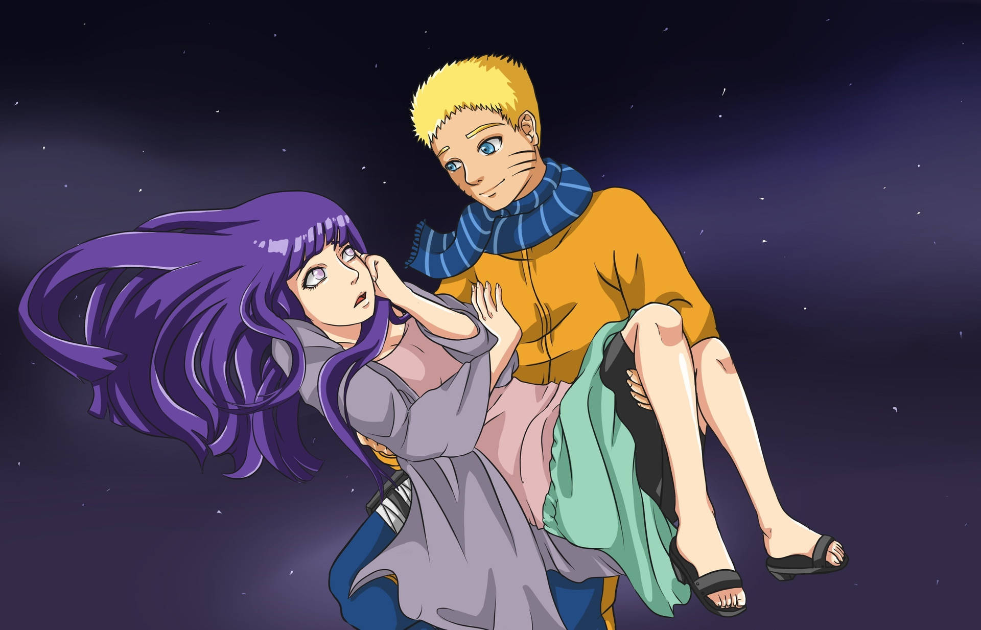 動漫情侶在星空下漂浮，男孩抱著女孩。