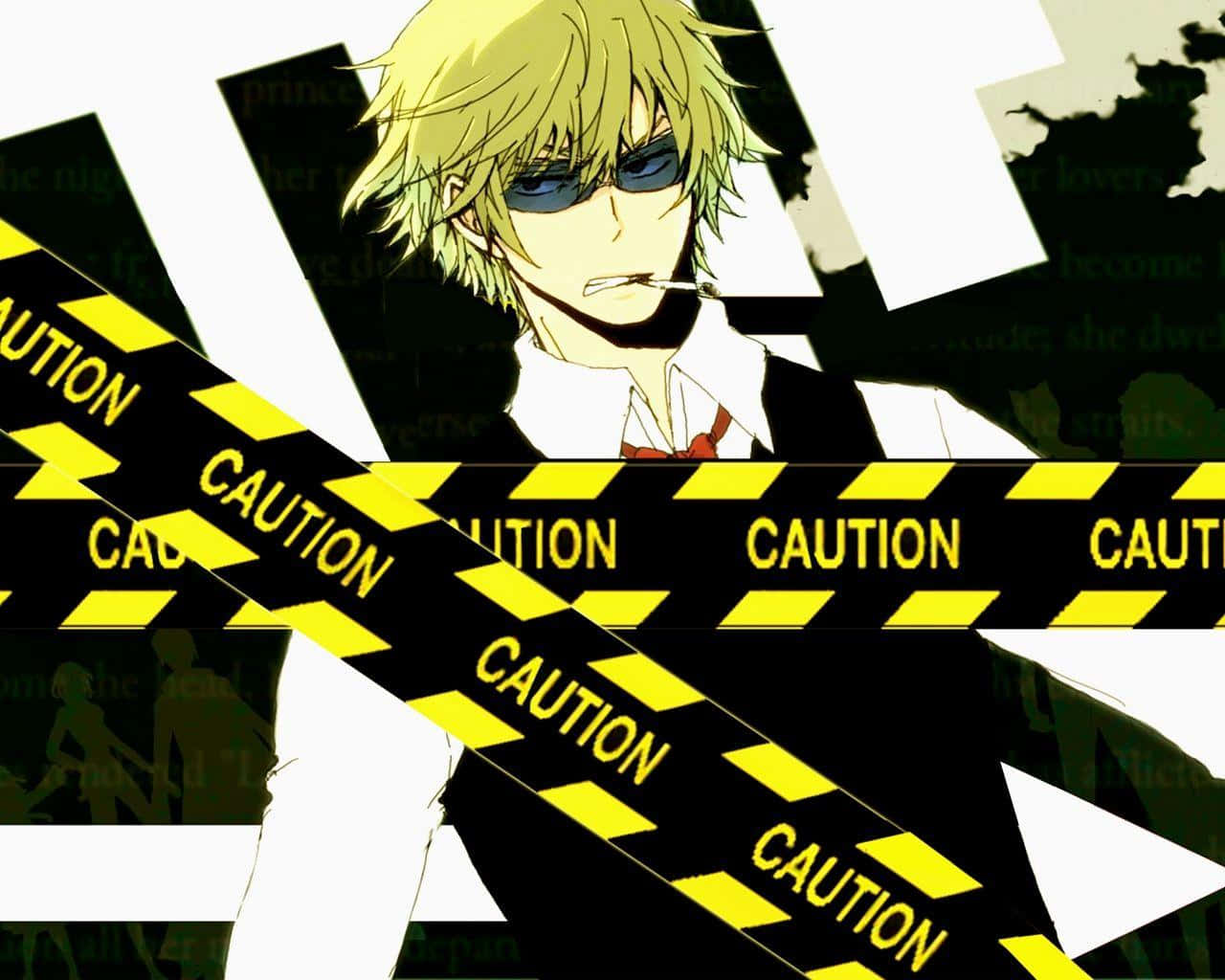 Shizuo Heiwajima 桌布 壁紙 — 一個金髮動漫男孩戴著太陽眼鏡，在黃色警示帶後面抽煙，背景是碎片化的文字。