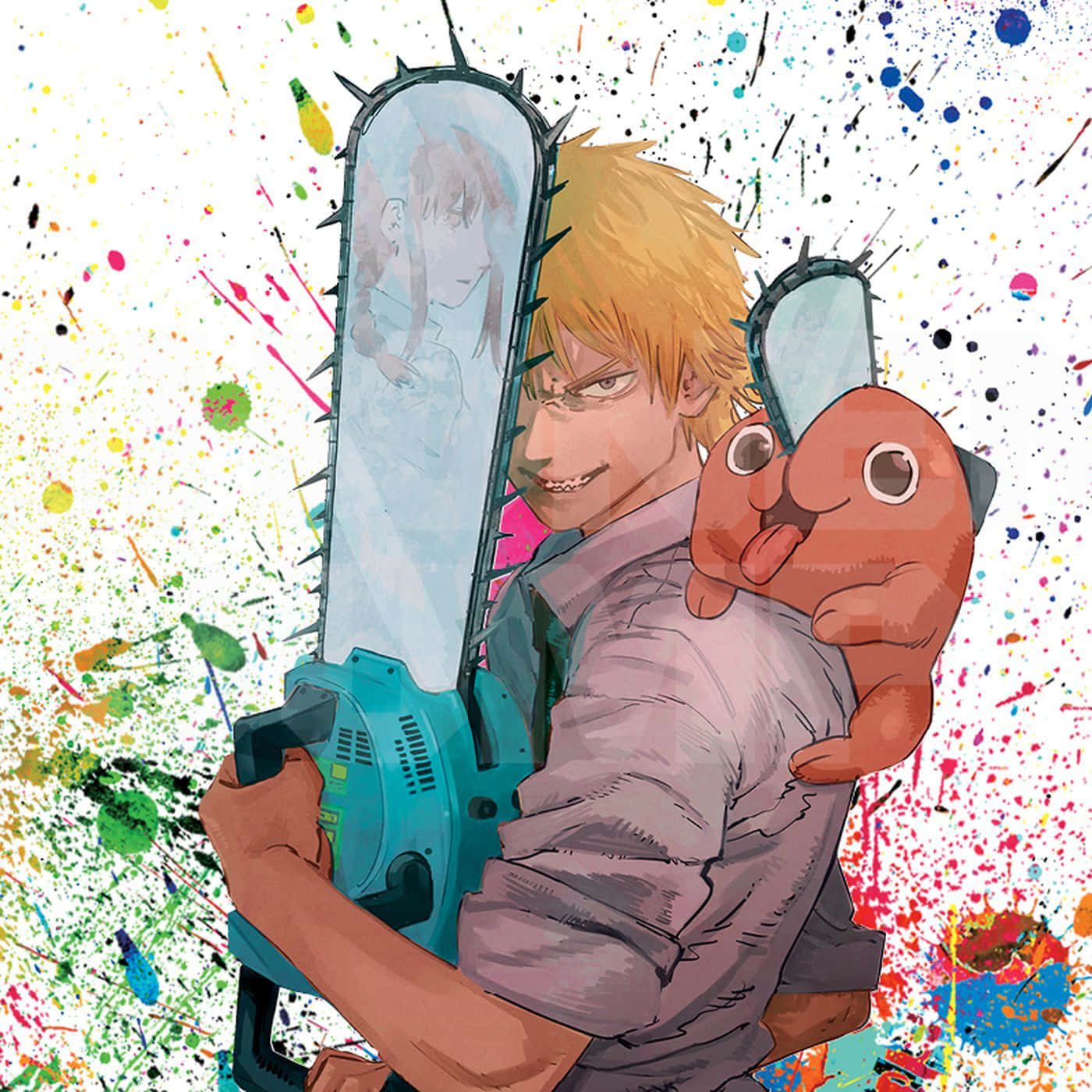 動漫 桌布 壁紙 — 一個金髮動漫男孩揮舞著一把鏈鋸，鋸片上有一個女孩的臉，一隻粉紅色的生物緊貼在他的肩膀上，背景是充滿活力的油漆飛濺。
