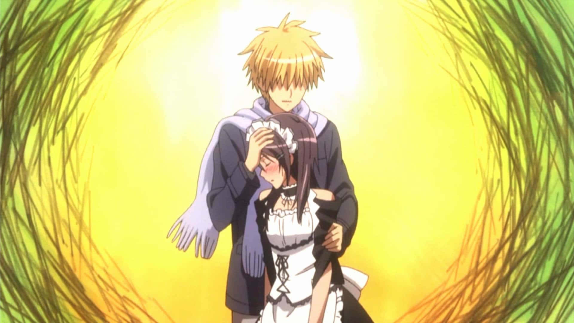 Maid Sama 桌布 壁紙 — 一個金髮動漫男孩擁抱一個穿著女僕裝、臉紅的女孩，背景是明亮的黃綠色漩渦。