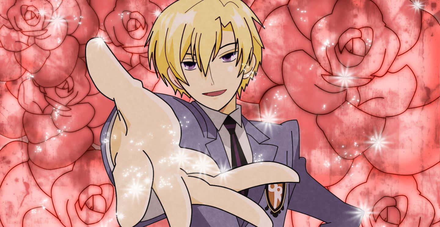 Tamaki Suoh 桌布 壁紙 — 一個金髮動漫男孩穿著校服，在發光的紅玫瑰背景下伸出一隻閃閃發光的手。