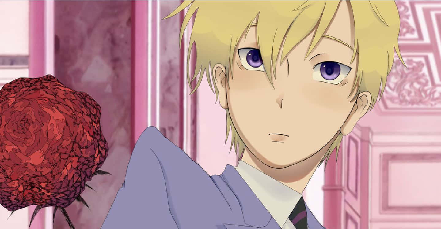 Tamaki Suoh 桌布 壁紙 — 一個金髮動漫男孩穿著校服，在粉紅色華麗背景前拿著一朵紅玫瑰。