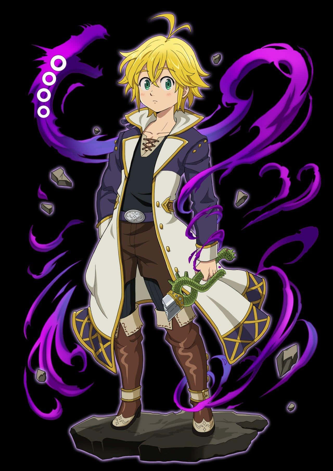 Meliodas 桌布 壁紙 — 一個金髮動漫男孩穿著白色和紫色外套，站在一塊被旋轉的紫色能量和漂浮水晶包圍的岩石上。