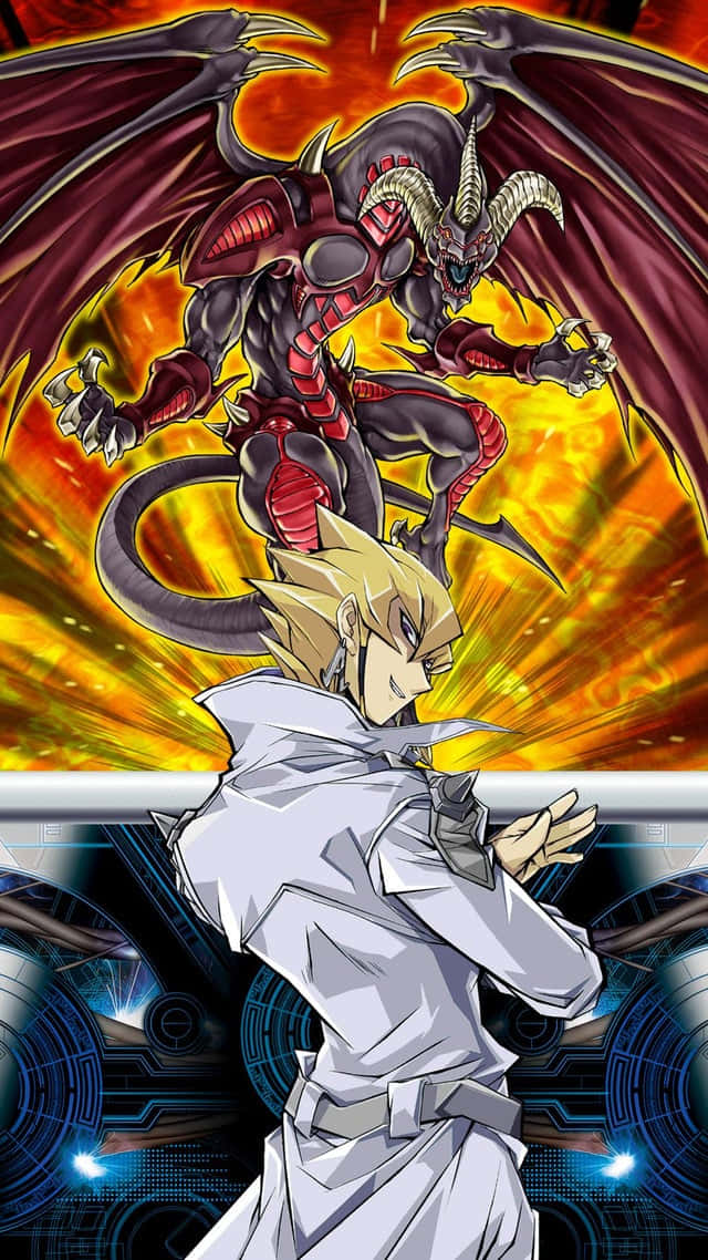 Yugioh Dragons 桌布 壁紙 — 一個金髮動漫男孩穿著白色外套，站在一隻帶有發光角的火紅黑色惡魔龍面前。