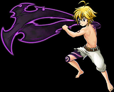 Meliodas 桌布 壁紙 — 一個金髮動漫男孩穿著白色短褲，在黑色背景下揮舞著發光的紫色能量刃。