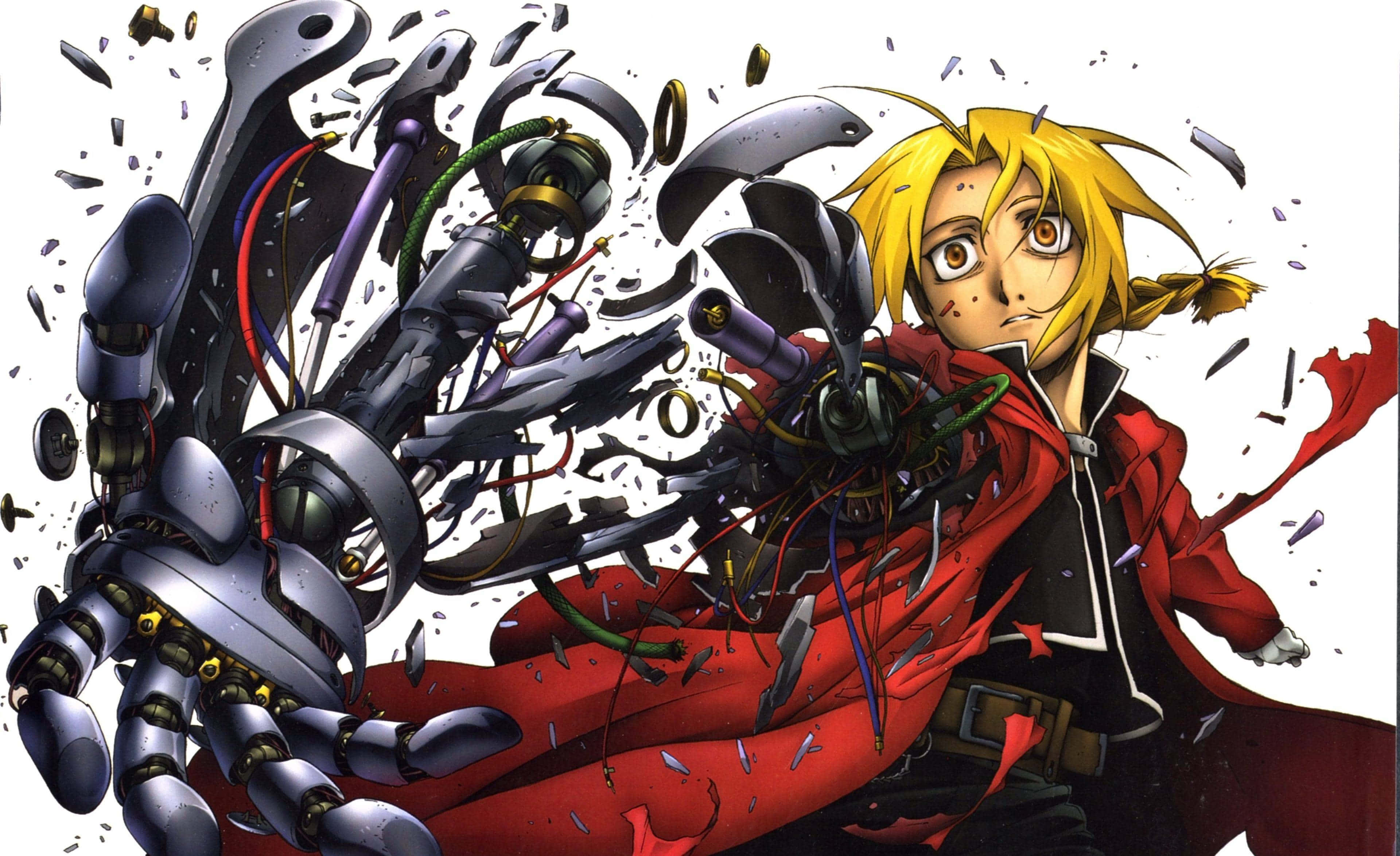 Fullmetal Alchemist 桌布 壁紙 — 一個金髮動漫男孩穿著紅色外套，釋放出一隻機械手臂，在純白背景上碎裂成金屬碎片。