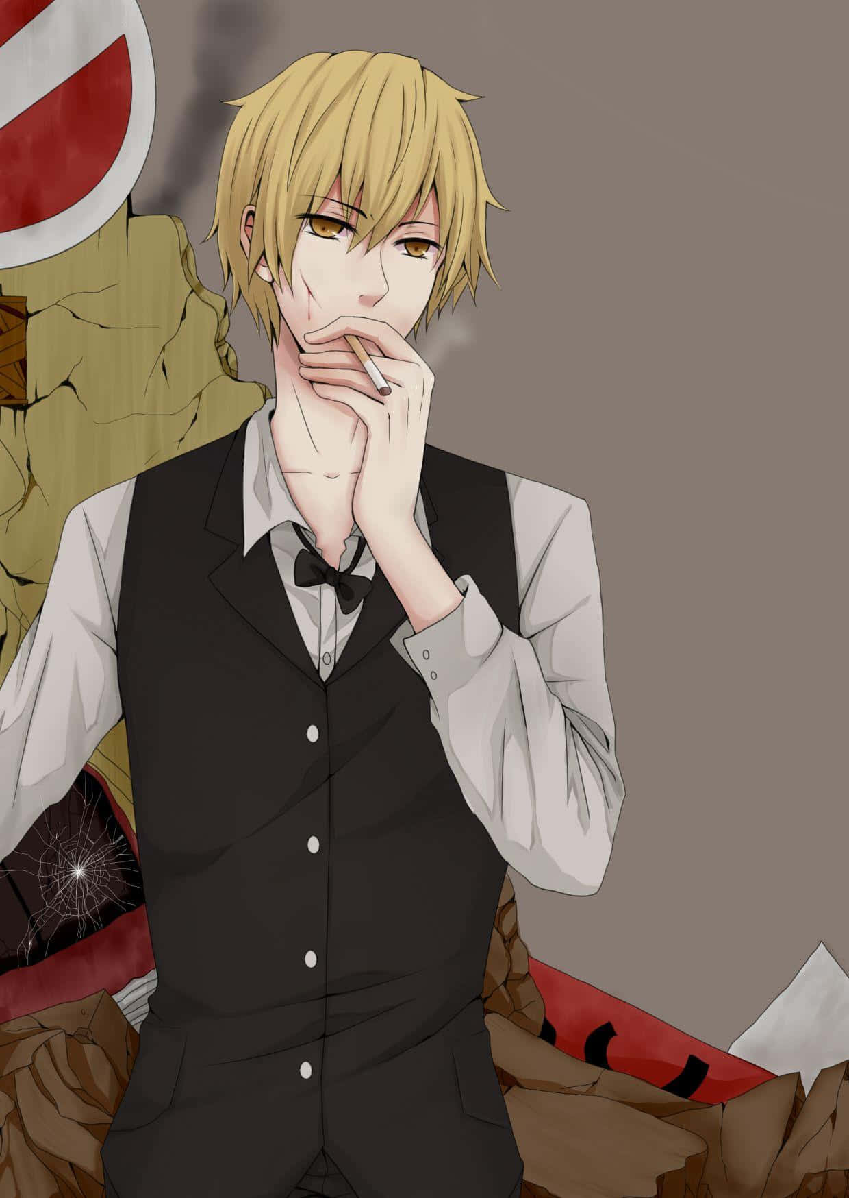 Shizuo Heiwajima 桌布 壁紙 — 一個金髮動漫男孩穿著背心，在裂牆旁抽煙，牆上有紅白標誌。