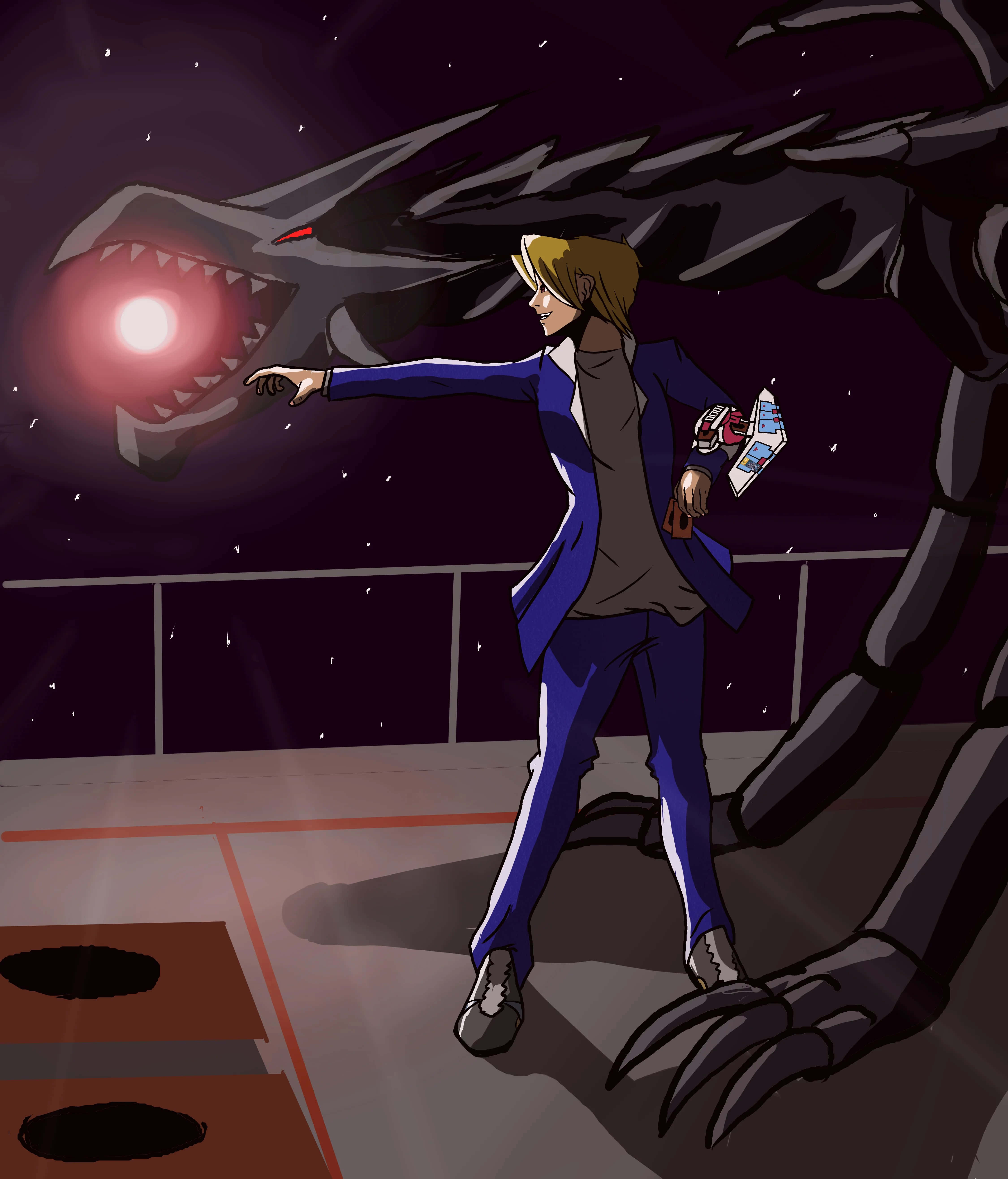 Joey Wheeler 桌布 壁紙 — 一個金髮動漫男孩穿著藍色西裝，指著一隻在星空夜空下、眼睛發出紅光的巨大黑暗龍。