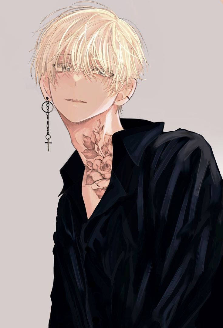 動漫美少年 桌布 壁紙 — 一個金髮動漫男性，頸上有玫瑰刺青，戴著十字耳環，穿著黑色襯衫，背景簡潔。