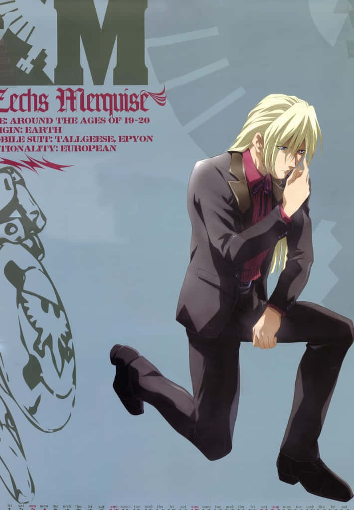 Zechs Merquise 桌布 壁紙 — 一個金髮動漫男性角色穿著深色西裝，在風格化的機械背景和文字疊加前沉思地跪著。