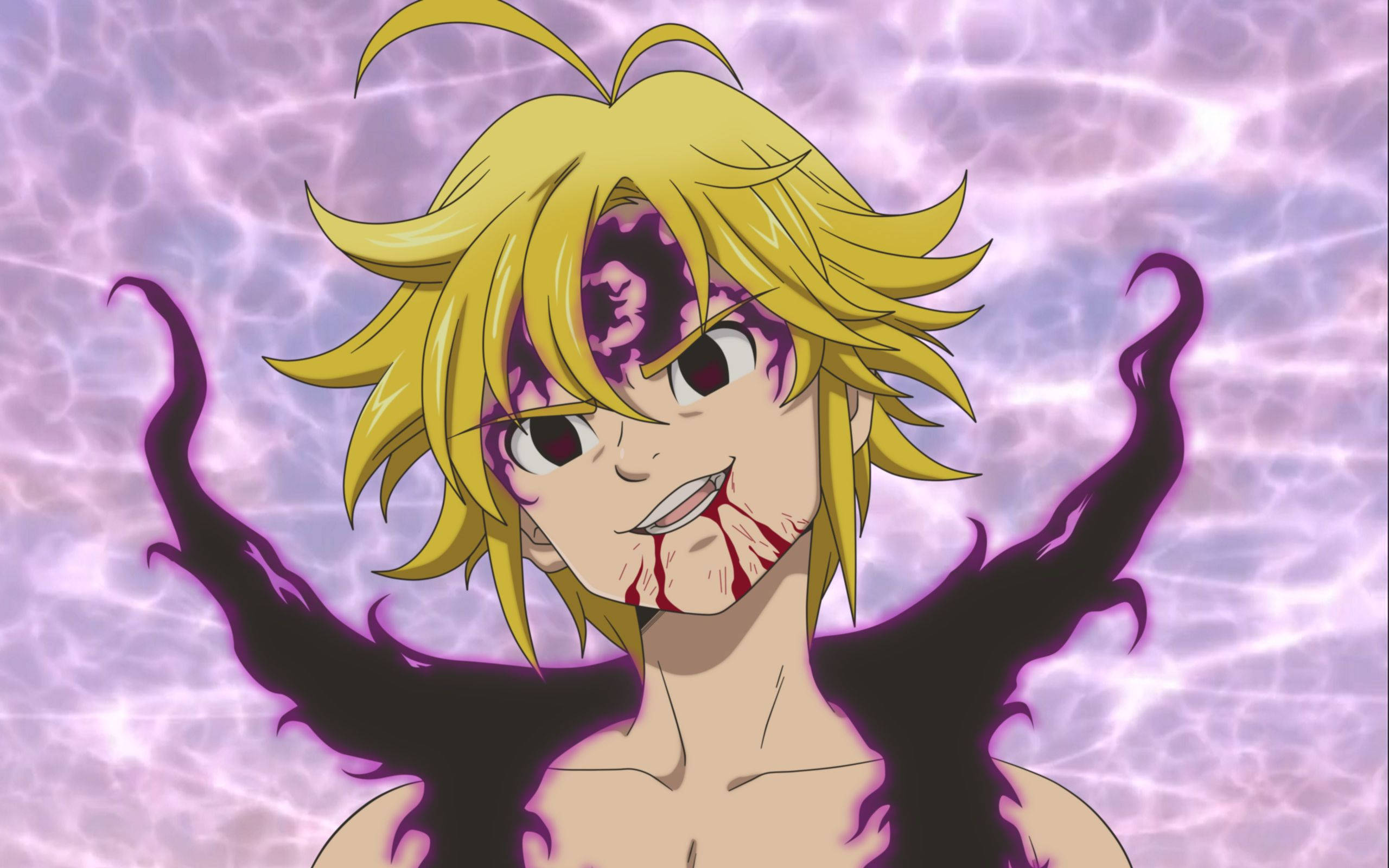 Meliodas 桌布 壁紙 — 一個金髮動漫角色，帶著血跡斑斑的笑容，從發光的紫色水狀背景中浮現，周圍環繞著黑暗的觸手。