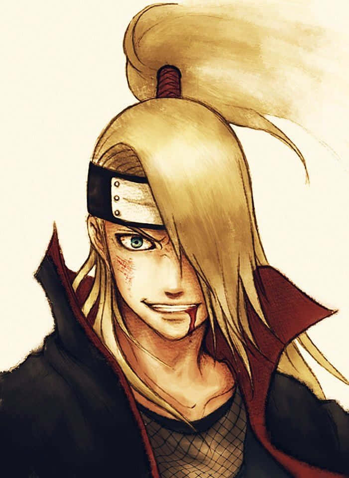 Akatsuki Drawing 桌布 壁紙 — 一個金髮動漫角色，戴著頭帶和紅色斗篷，在純色背景上微笑，嘴唇帶血。