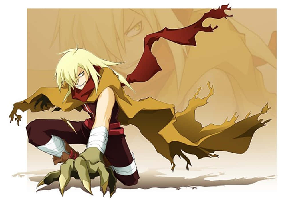 Gurren Lagann Viral 桌布 壁紙 — 一個金髮動漫角色，擁有爪狀雙手和飄逸的斗篷，在暖色背景前動態地蹲伏著。