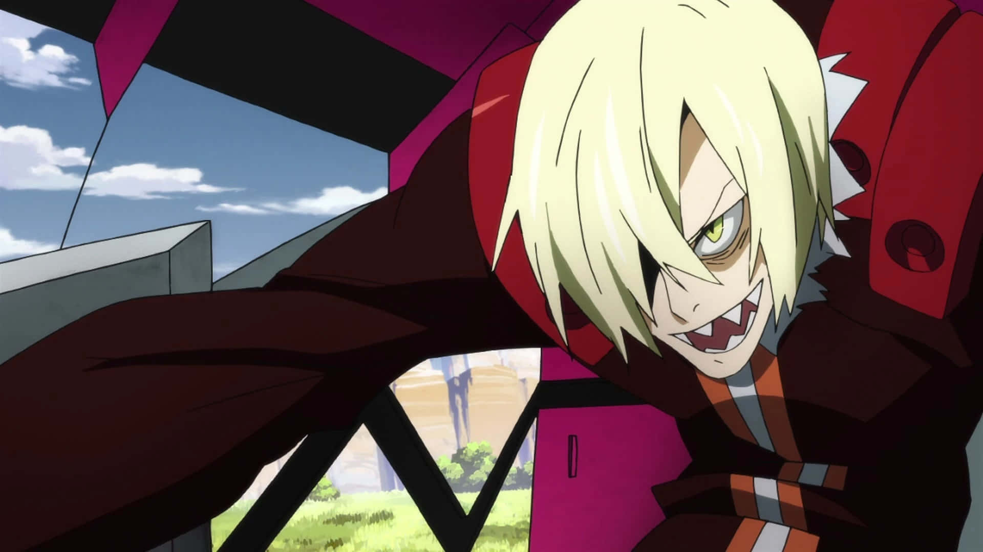 Gurren Lagann Viral 桌布 壁紙 — 一個金髮動漫角色，擁有鋒利的牙齒和綠色眼睛，穿著紅黑服裝，在明亮的天空下向前猛撲。