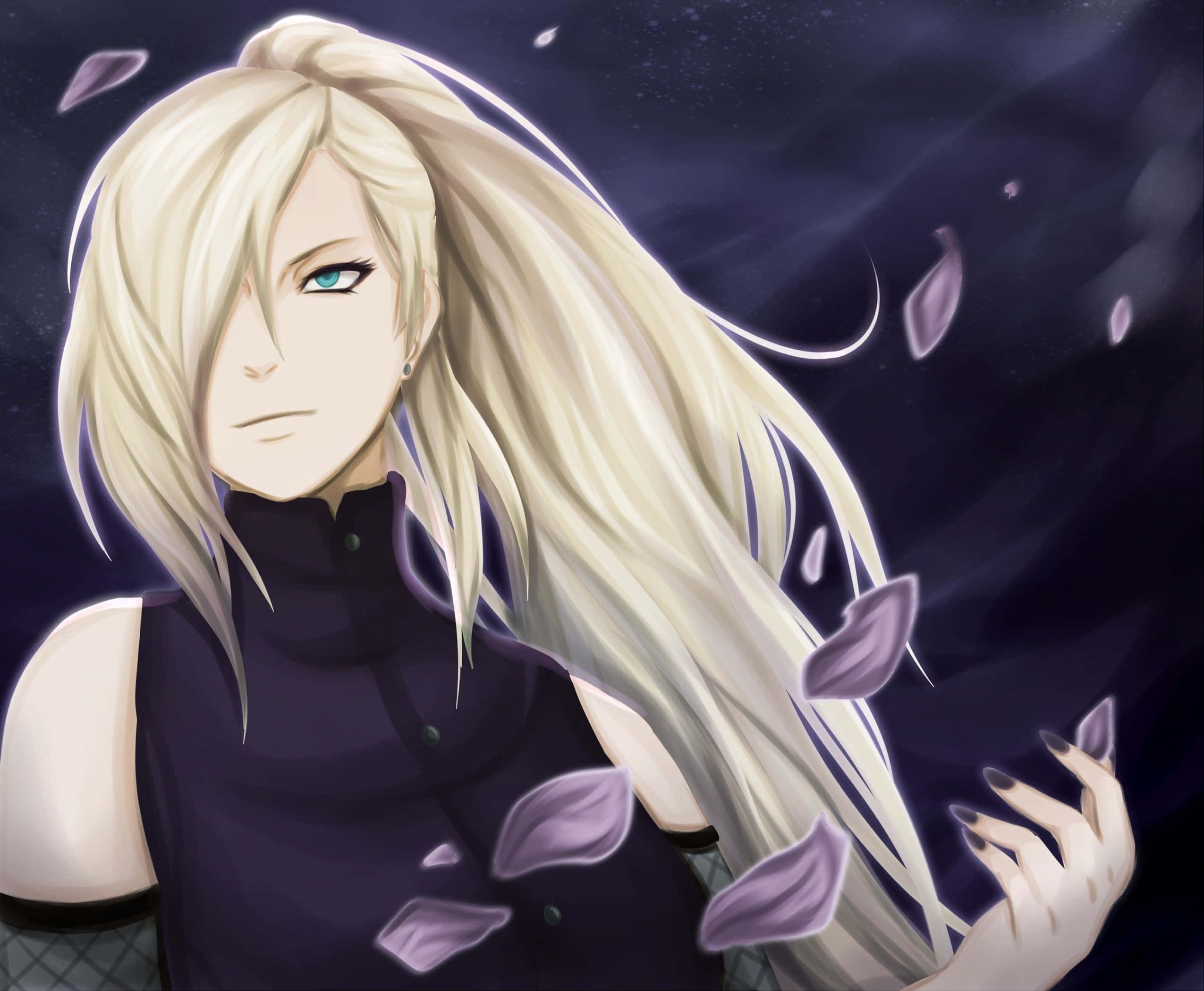 Ino Yamanaka 桌布 壁紙 — 一個金髮動漫角色，擁有青綠色眼睛，紫色花瓣在他們周圍飄浮，背景是黑暗的星空。