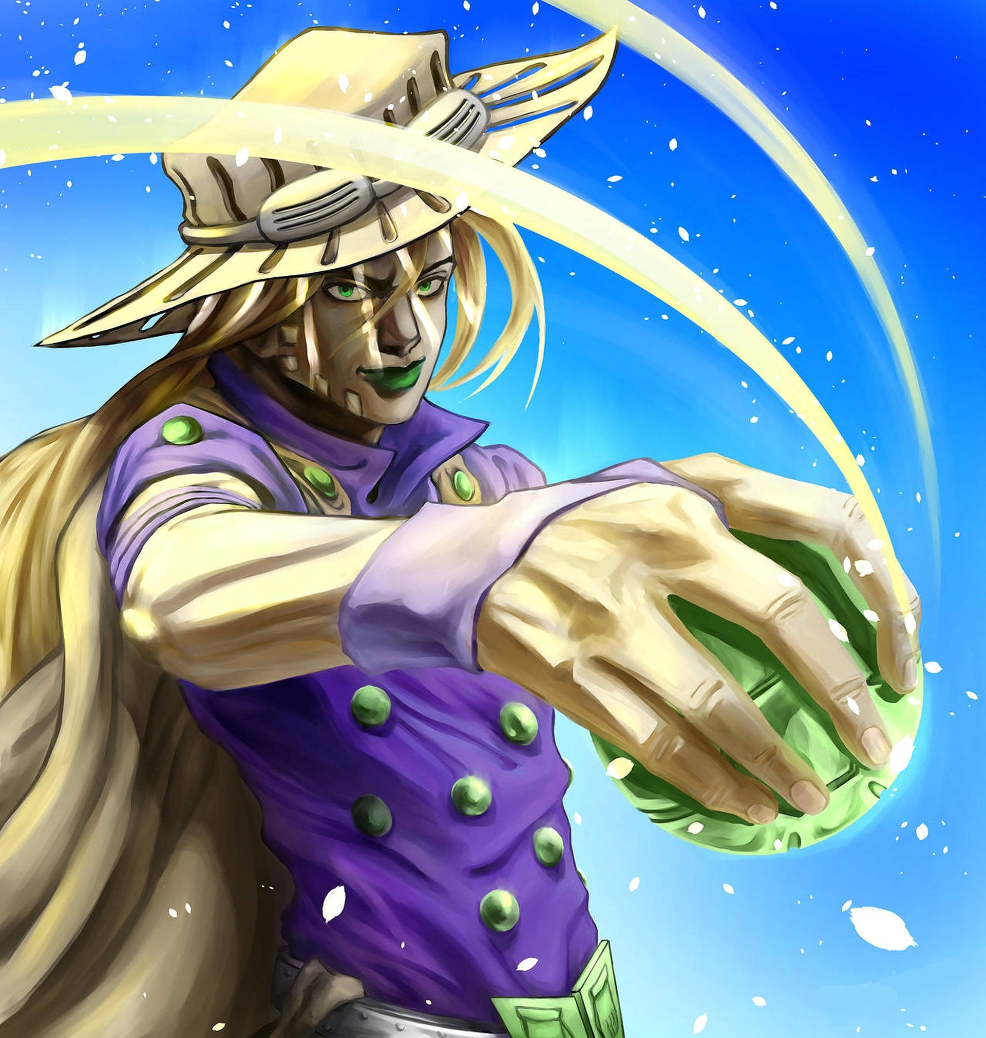 Gyro Zeppeli 桌布 壁紙 — 一個金髮動漫角色，身穿紫色外套和帽子，在藍天和飄落花瓣的背景下，將綠色能量導入一個發光的球體。