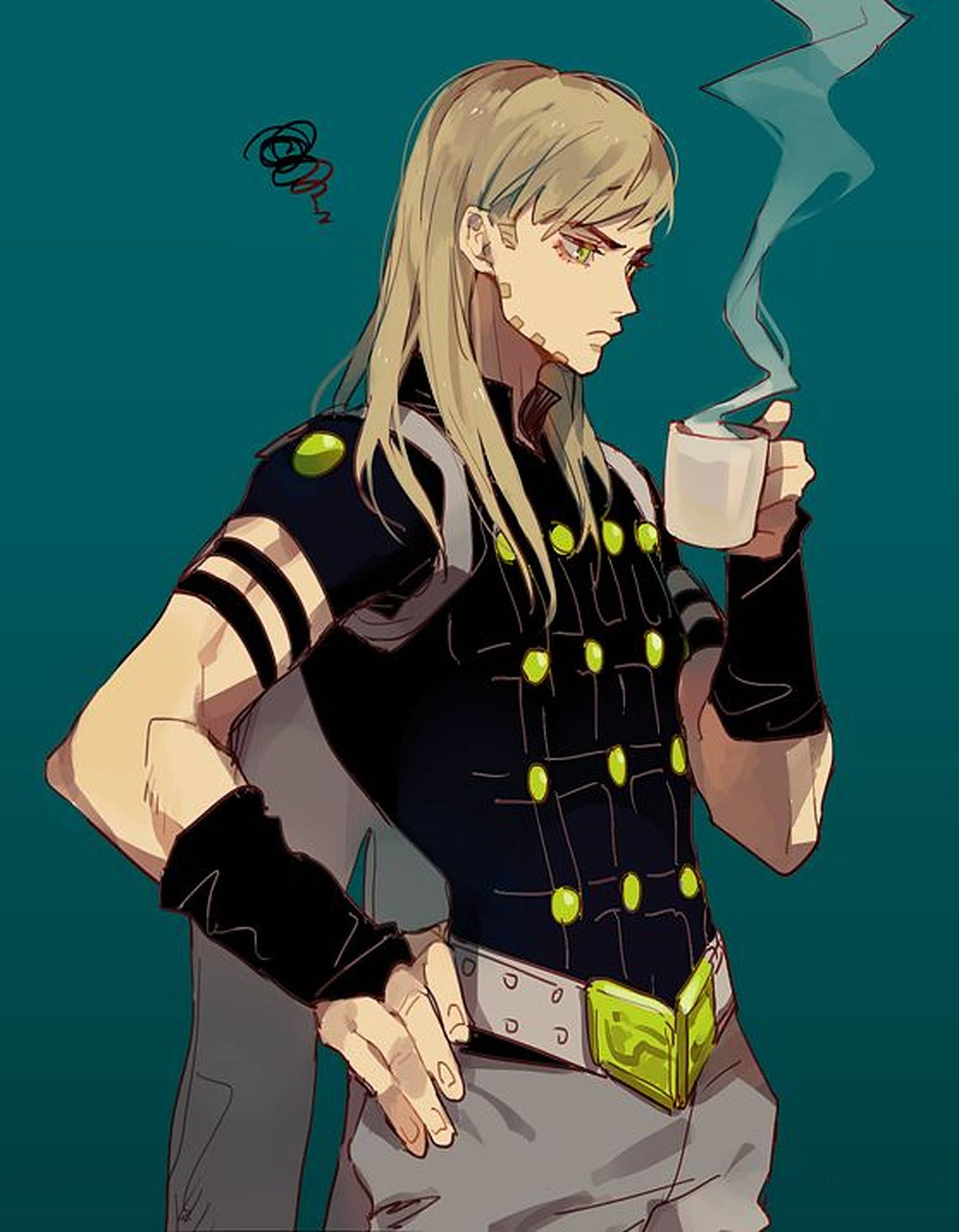 Gyro Zeppeli 桌布 壁紙 — 一個金髮動漫角色，身穿黑色背心配綠色鈕扣，在藍綠色背景前啜飲冒煙的咖啡。