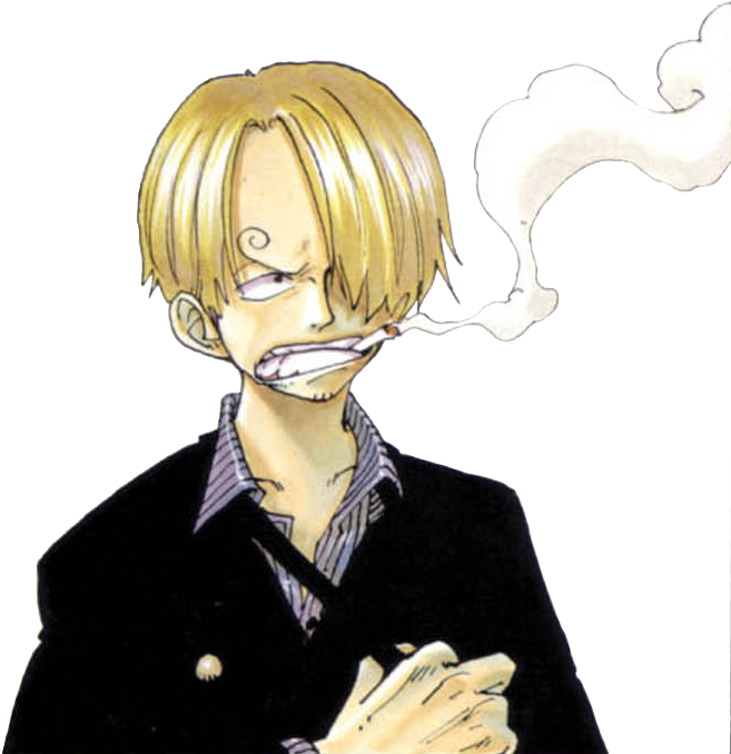 香吉士 桌布 壁紙 — 一個金髮動漫角色嘴裡叼著煙，在黑色背景上吐煙。