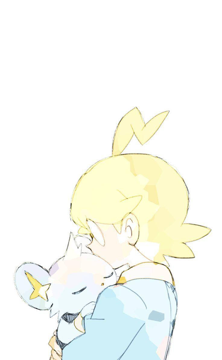 Shinx 桌布 壁紙 — 一個金髮動漫角色在純白色背景前輕輕擁抱一隻耳朵上有黃色星星的白色生物。