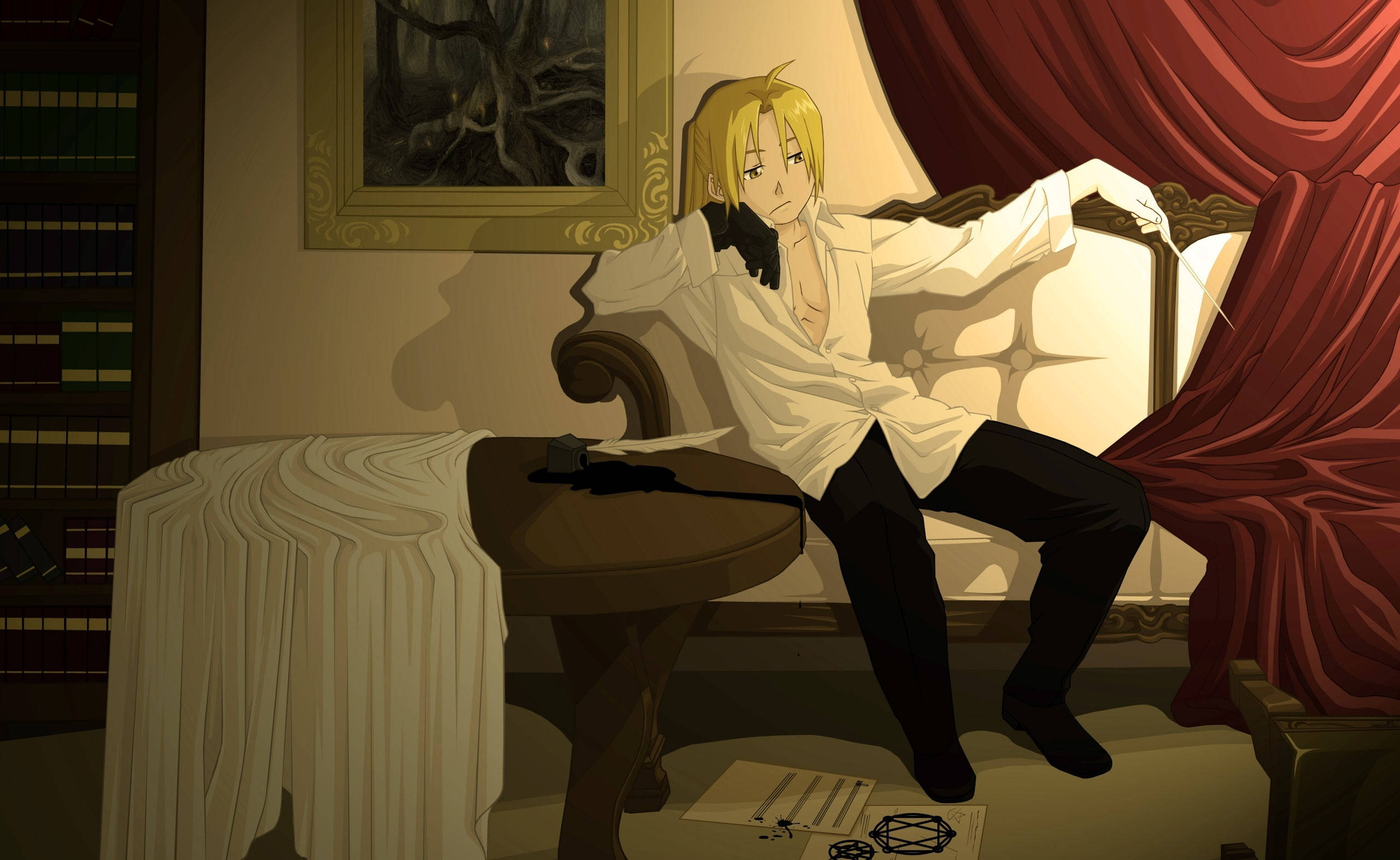 Sad Anime Aesthetic 桌布 壁紙 — 一個金髮動漫角色懶洋洋地躺在一張米色沙發上，房間光線溫暖，有紅色窗簾和書架。