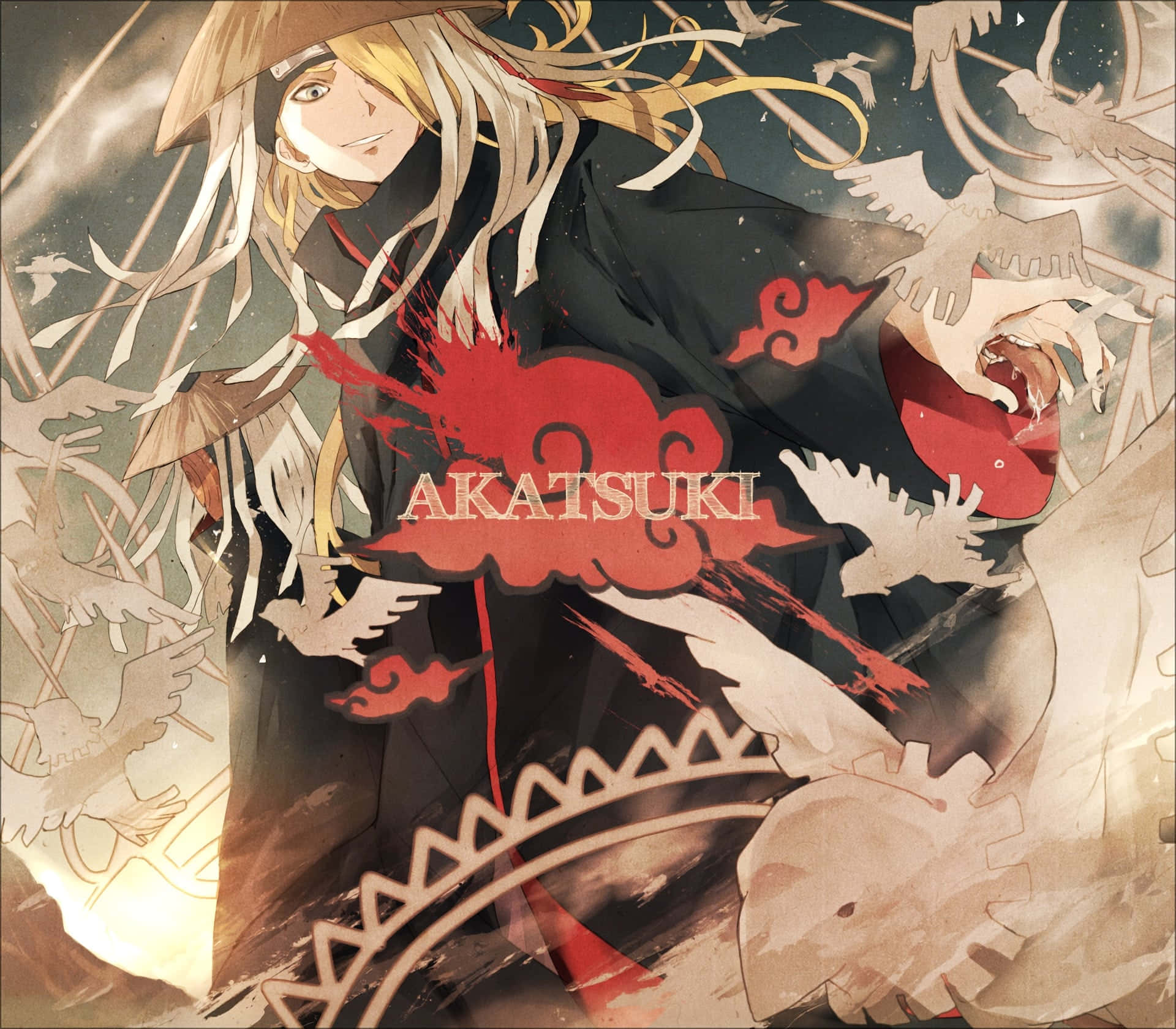 Akatsuki X Deidara 桌布 壁紙 — 一個金髮動漫角色穿著帶有紅雲的黑色曉組織斗篷，站在旋轉的白鳥和機械齒輪之間。
