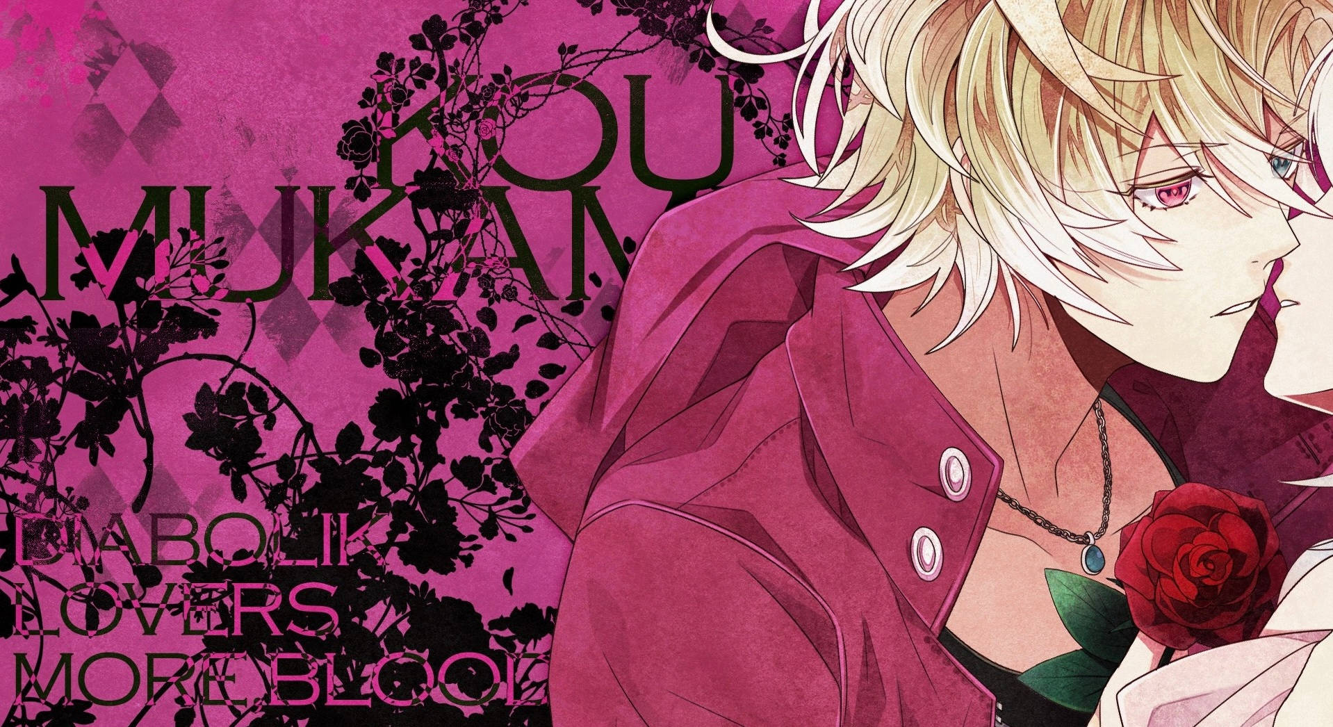 Diabolik Lovers 桌布 壁紙 — 一個金髮動漫角色穿著洋紅色外套，在深色花卉和文字背景前拿著一朵紅玫瑰。