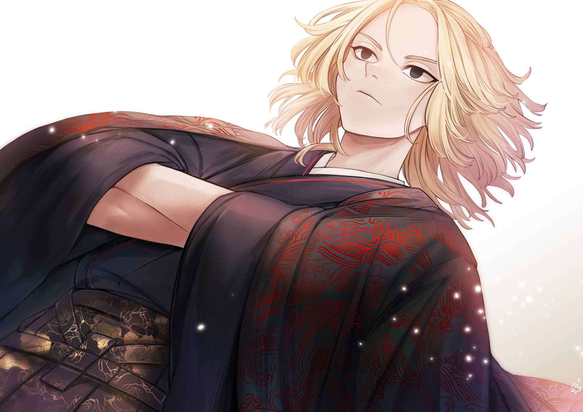 金髮動漫角色穿著深紅色長袍，表情嚴肅。