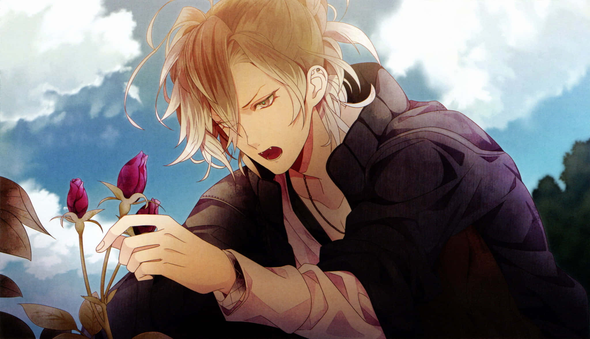 Diabolik Lovers 桌布 壁紙 — 一個金髮動漫角色穿著深色外套，在陰天輕輕觸碰紫色玫瑰。
