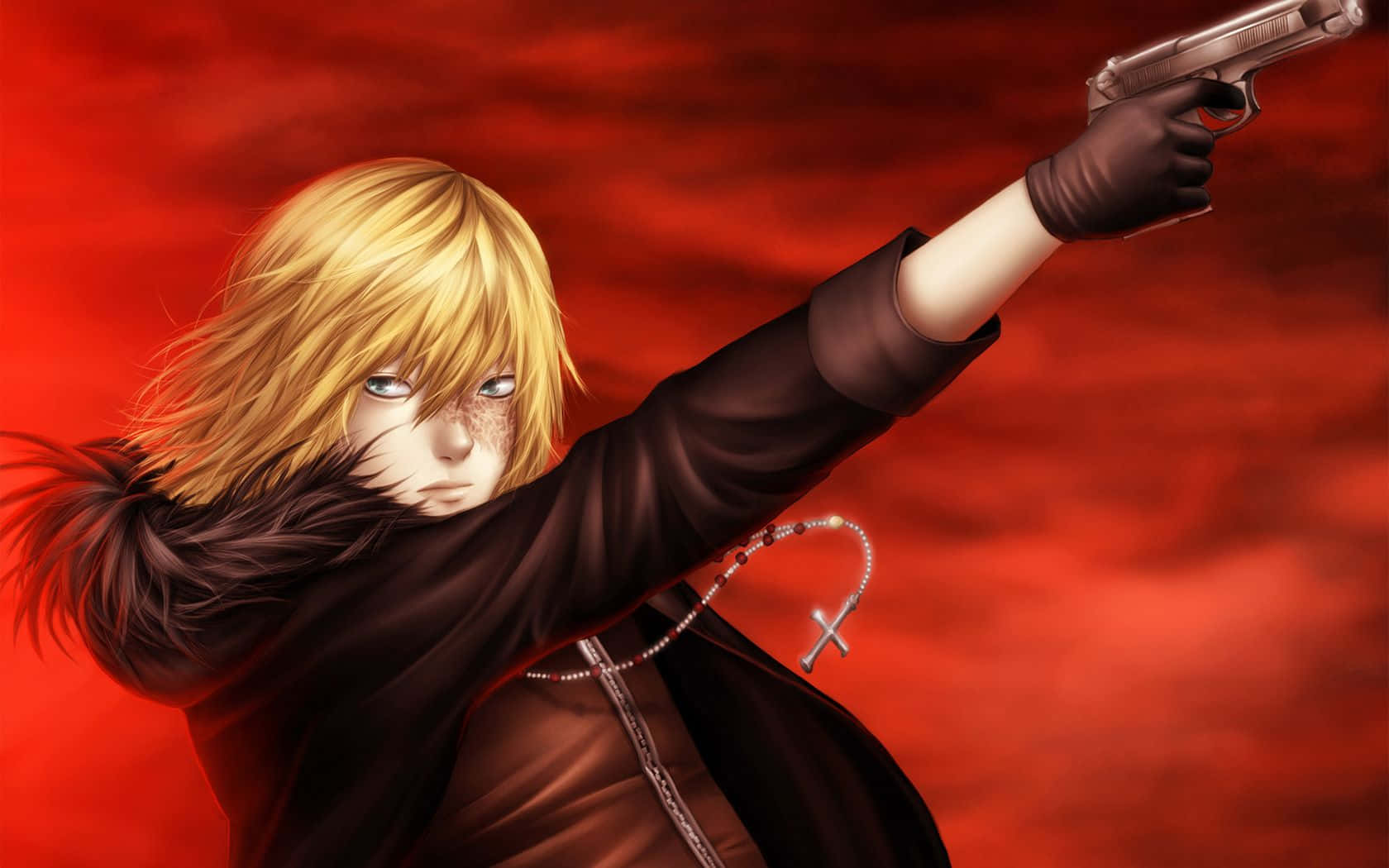 Death Note Mello 桌布 壁紙 — 一個金髮動漫角色穿著深色外套，脖子上掛著玫瑰經念珠，瞄準一把手槍對著火紅的天空。